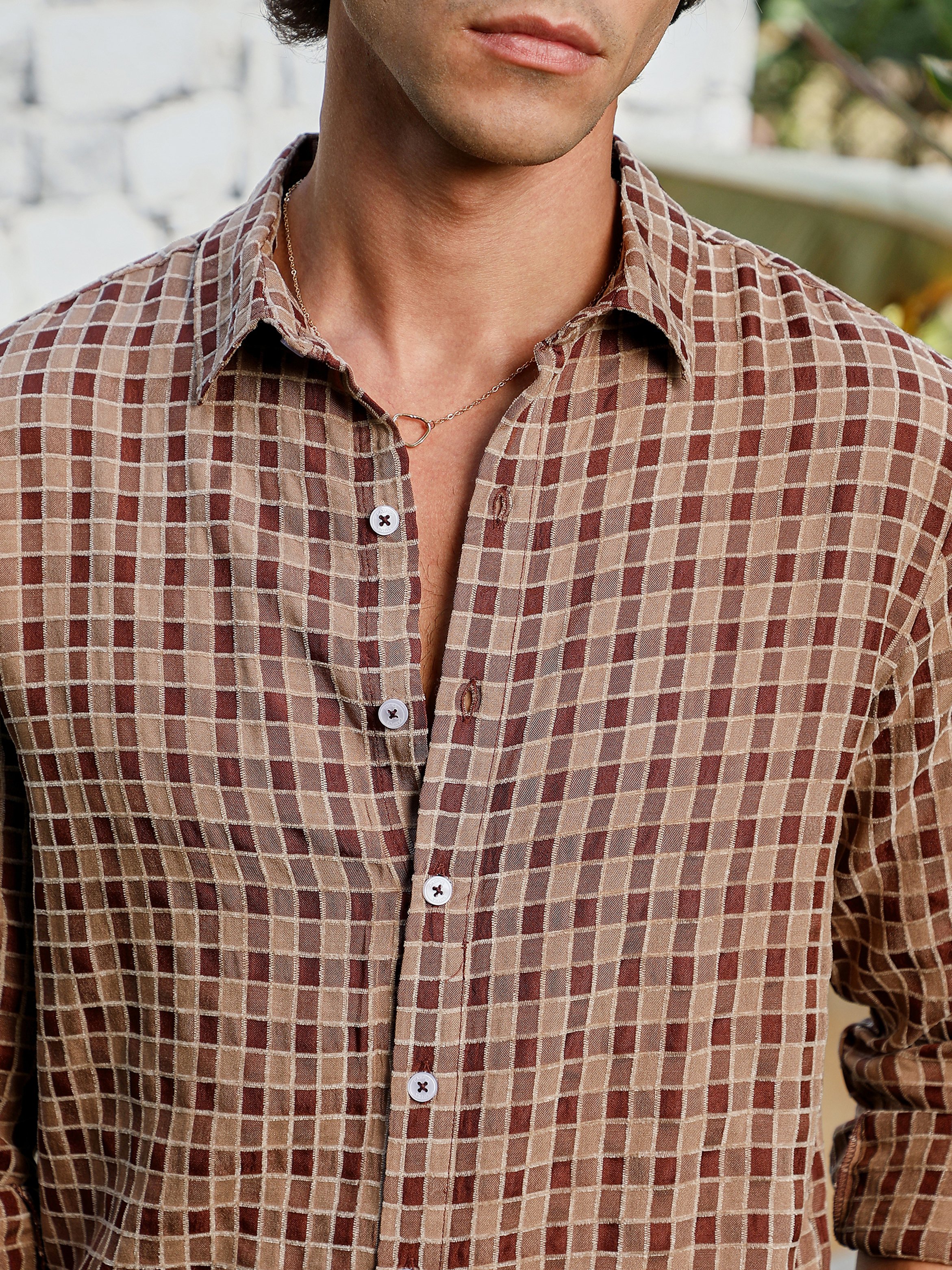 Men Brown Checked Spread Collar Shirt