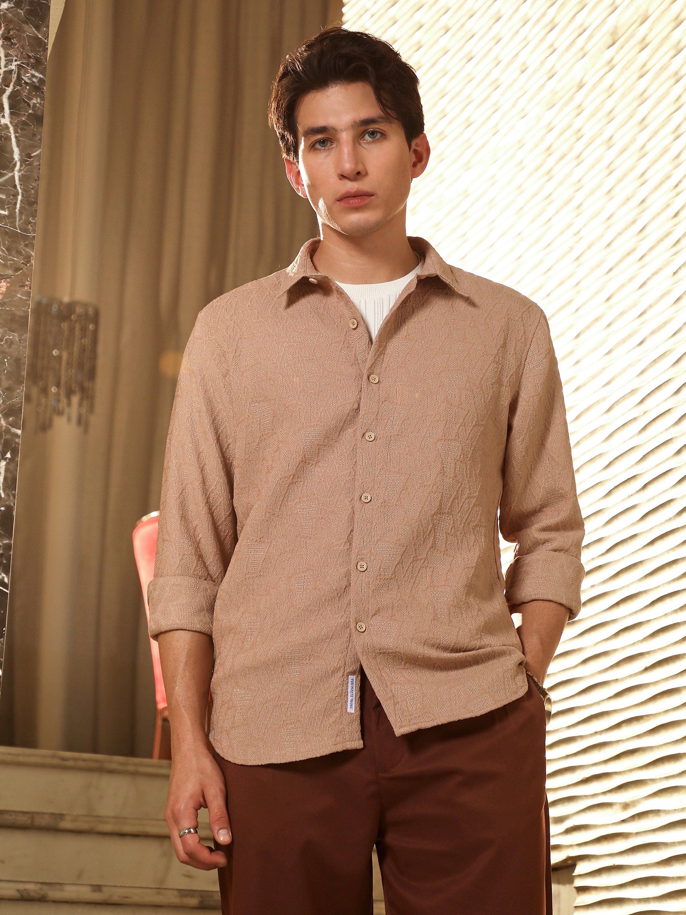 Men Sand Beige Abstract Jacquard Shirt