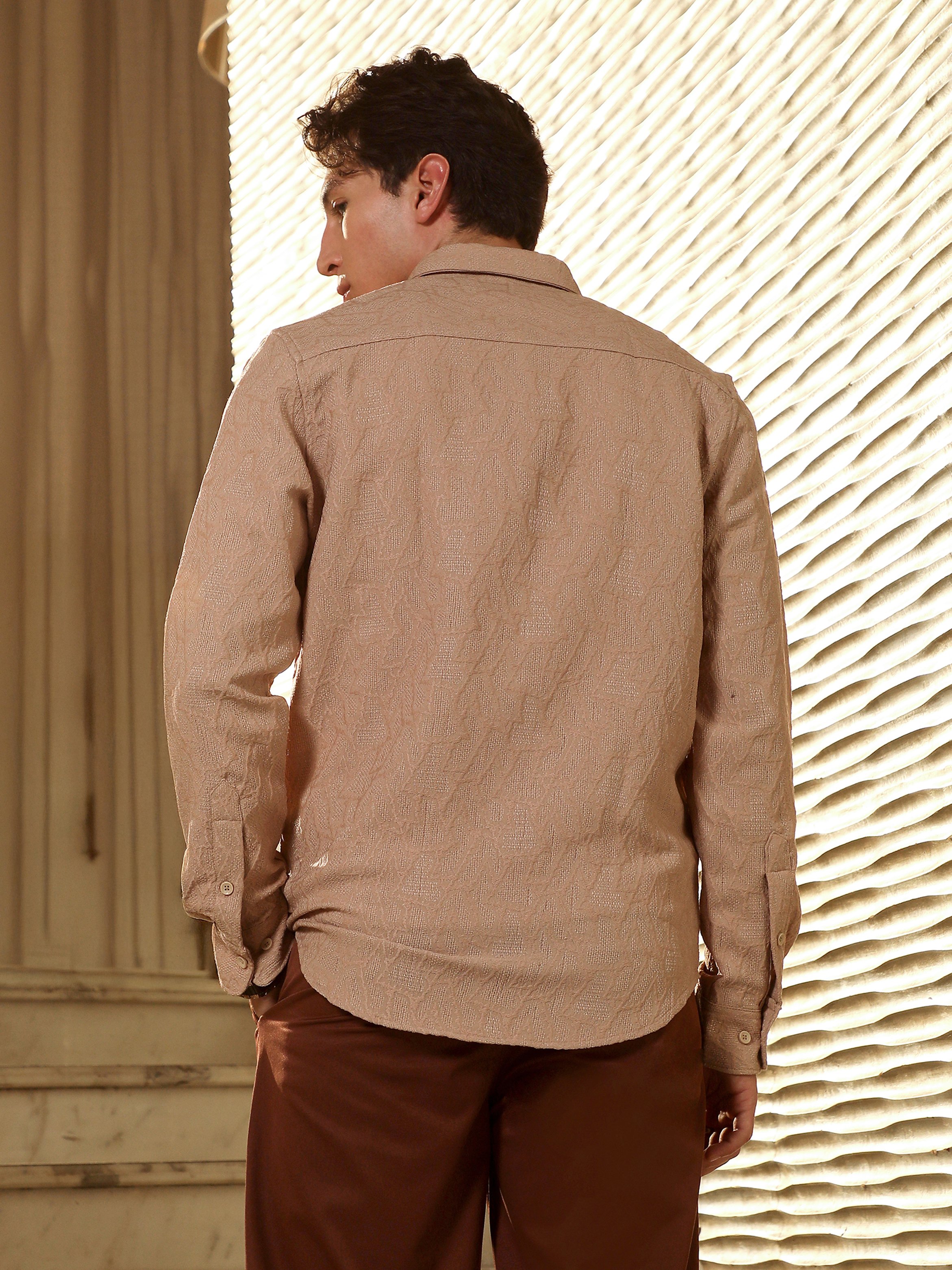 Men Sand Beige Abstract Jacquard Shirt