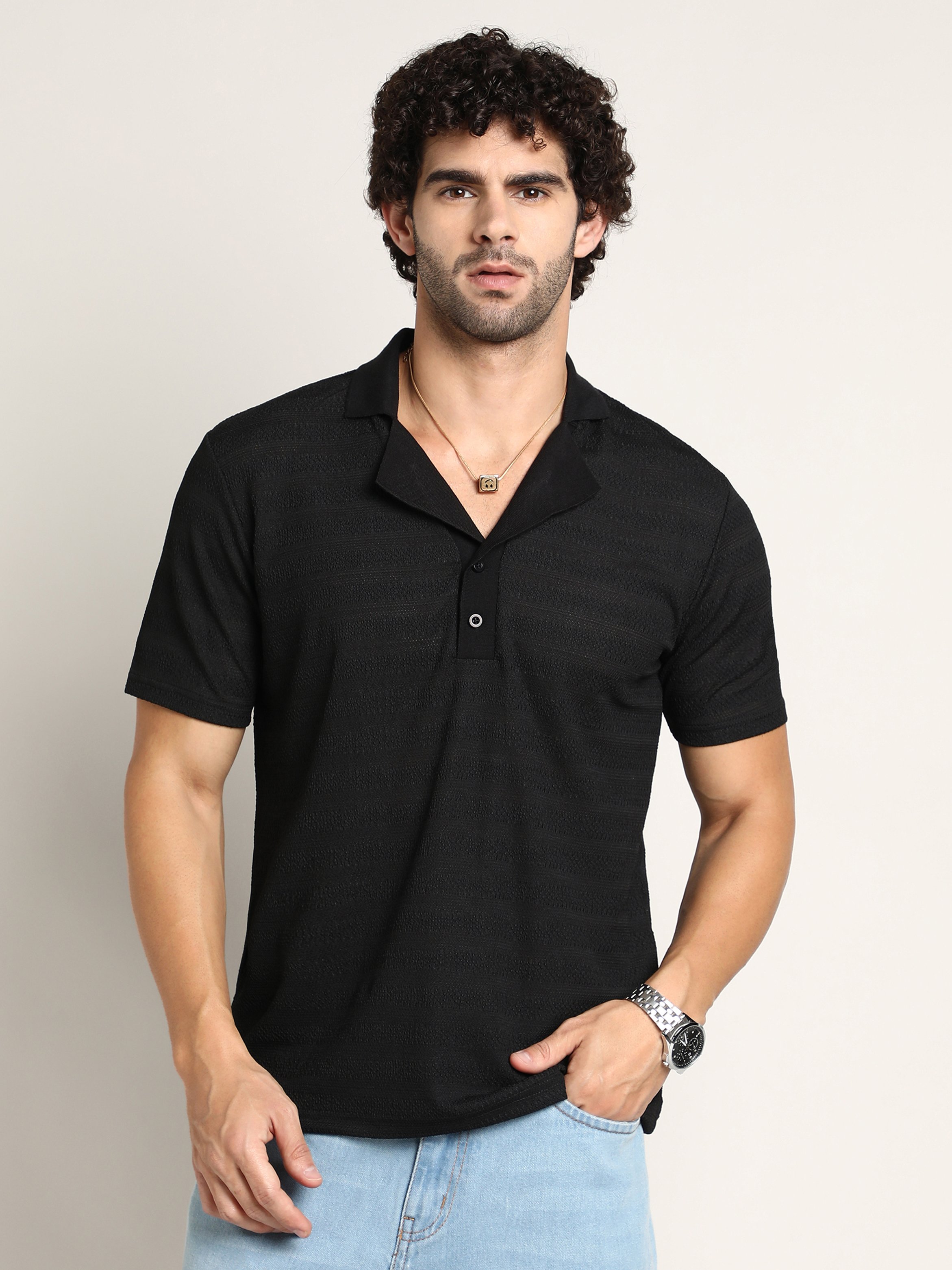 Men Black Self Design Cuban Polo T-Shirt