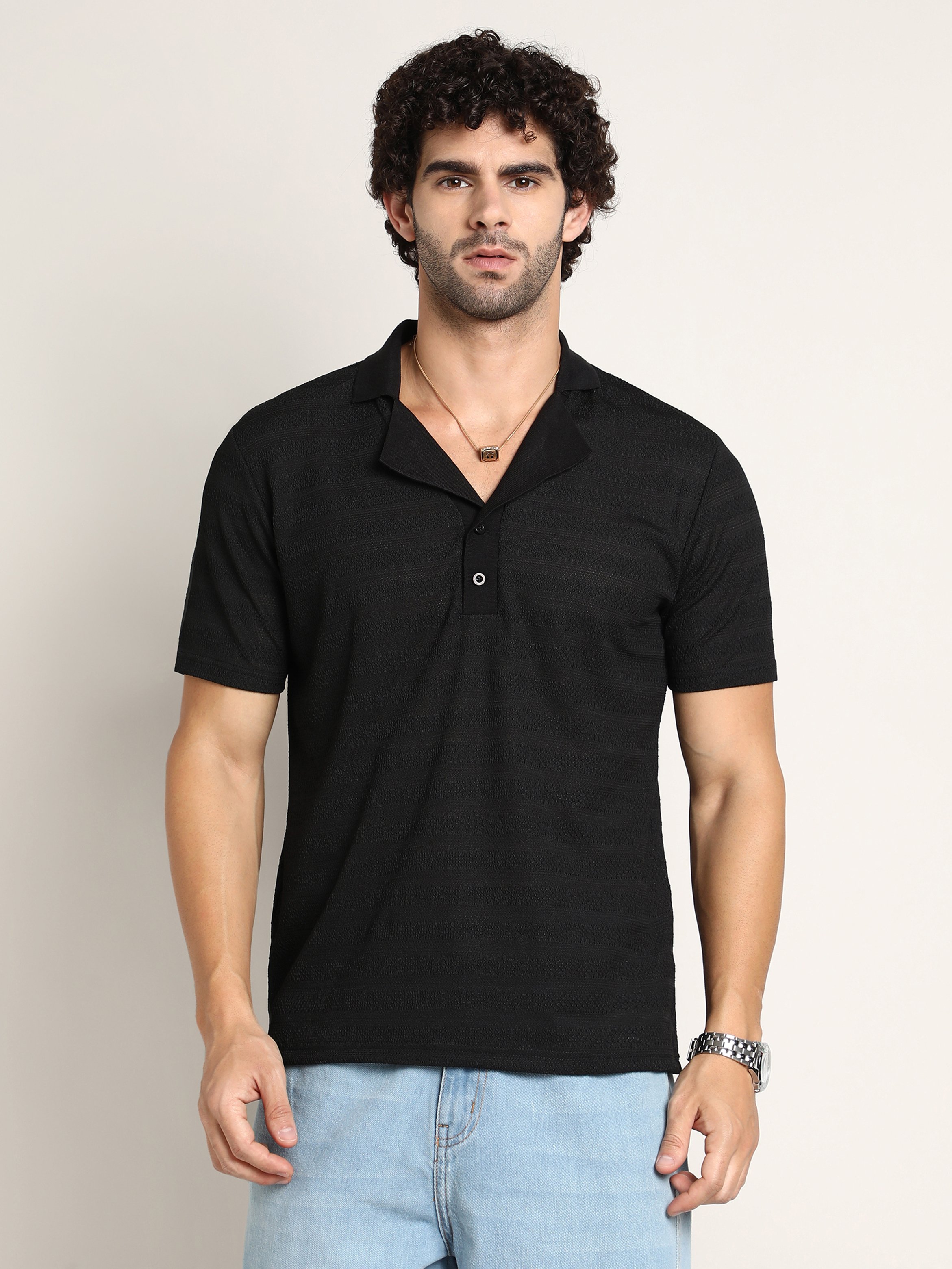Men Black Self Design Cuban Polo T-Shirt