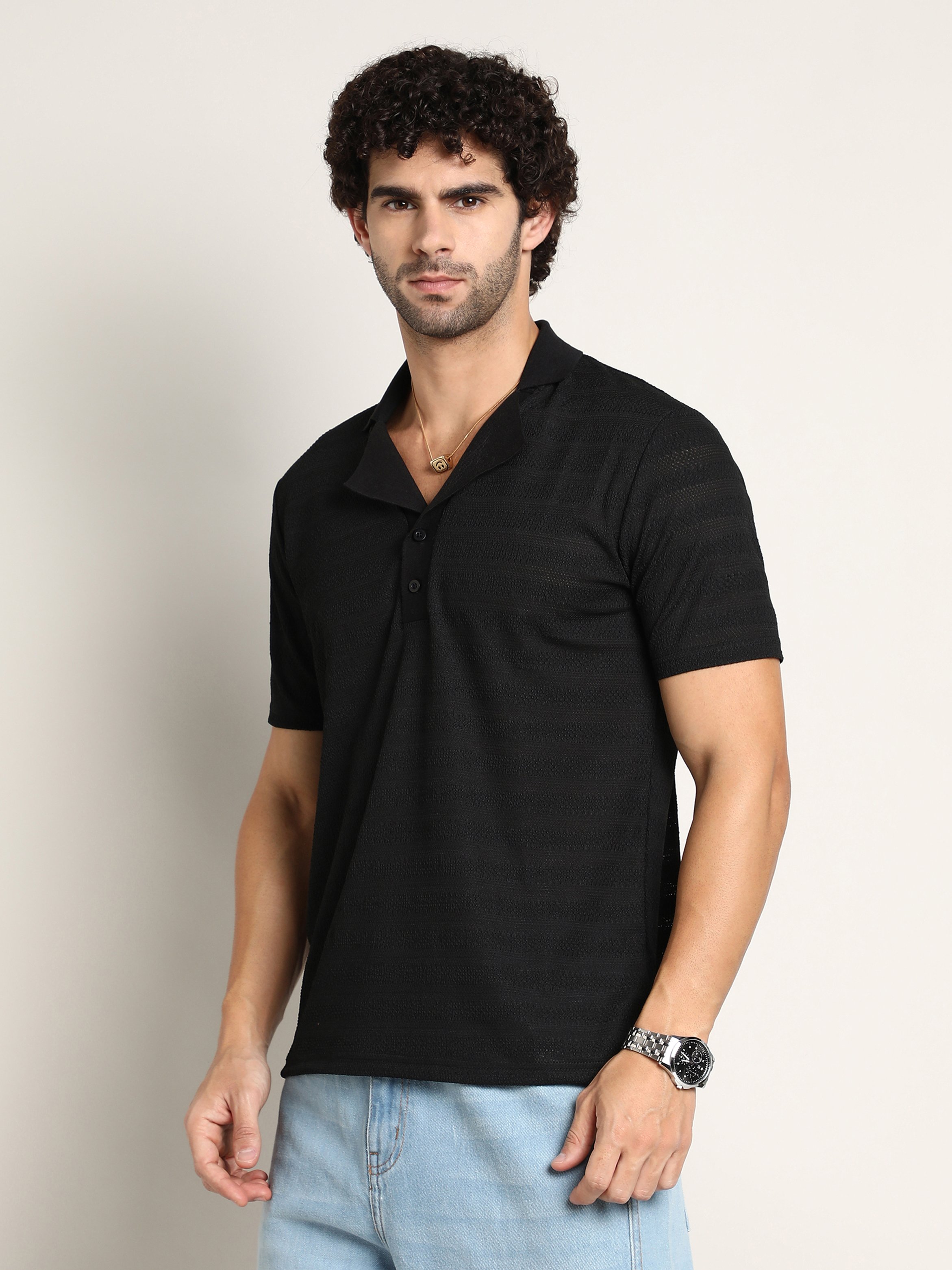 Men Black Self Design Cuban Polo T-Shirt