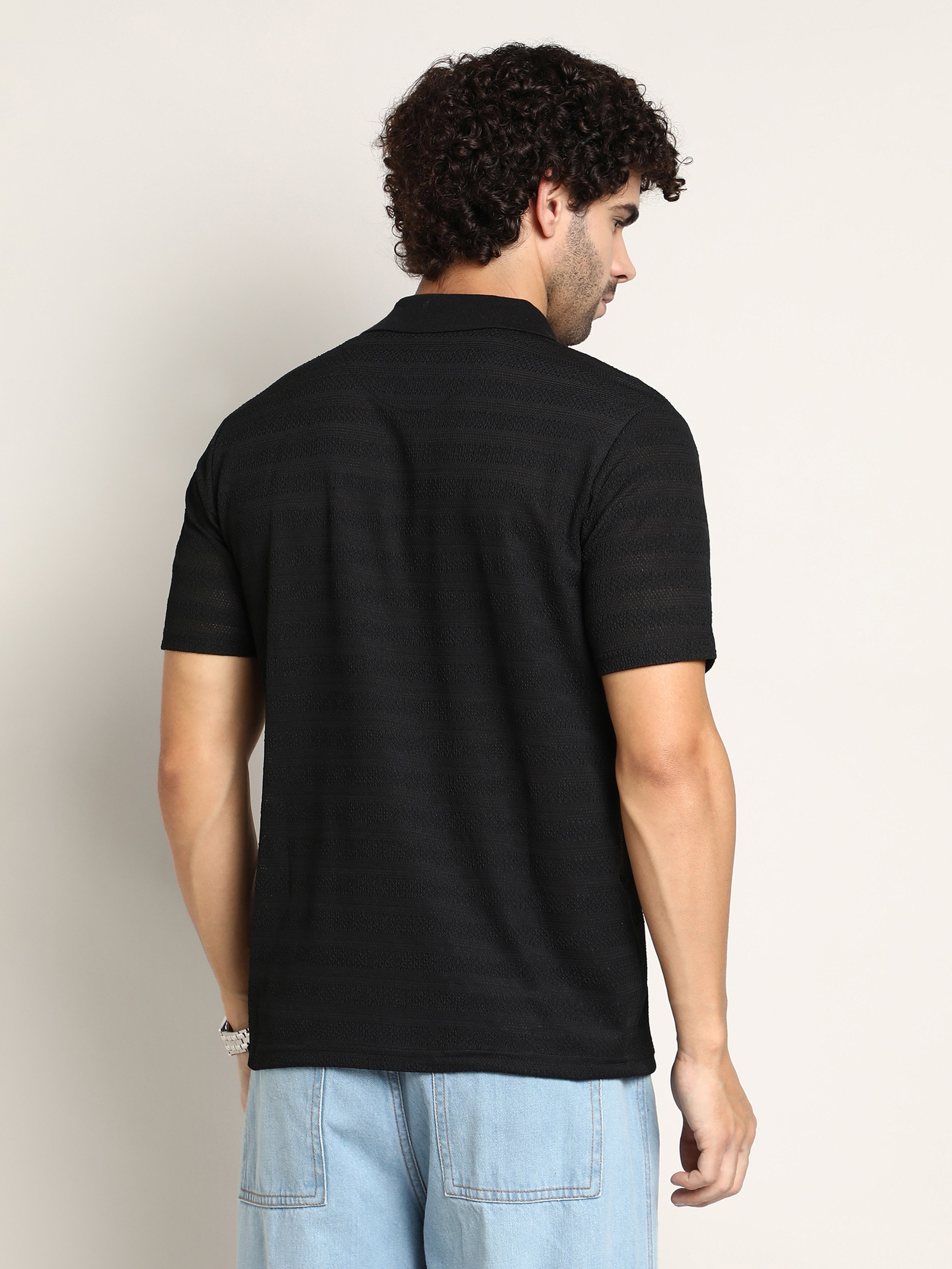 Men Black Self Design Cuban Polo T-Shirt