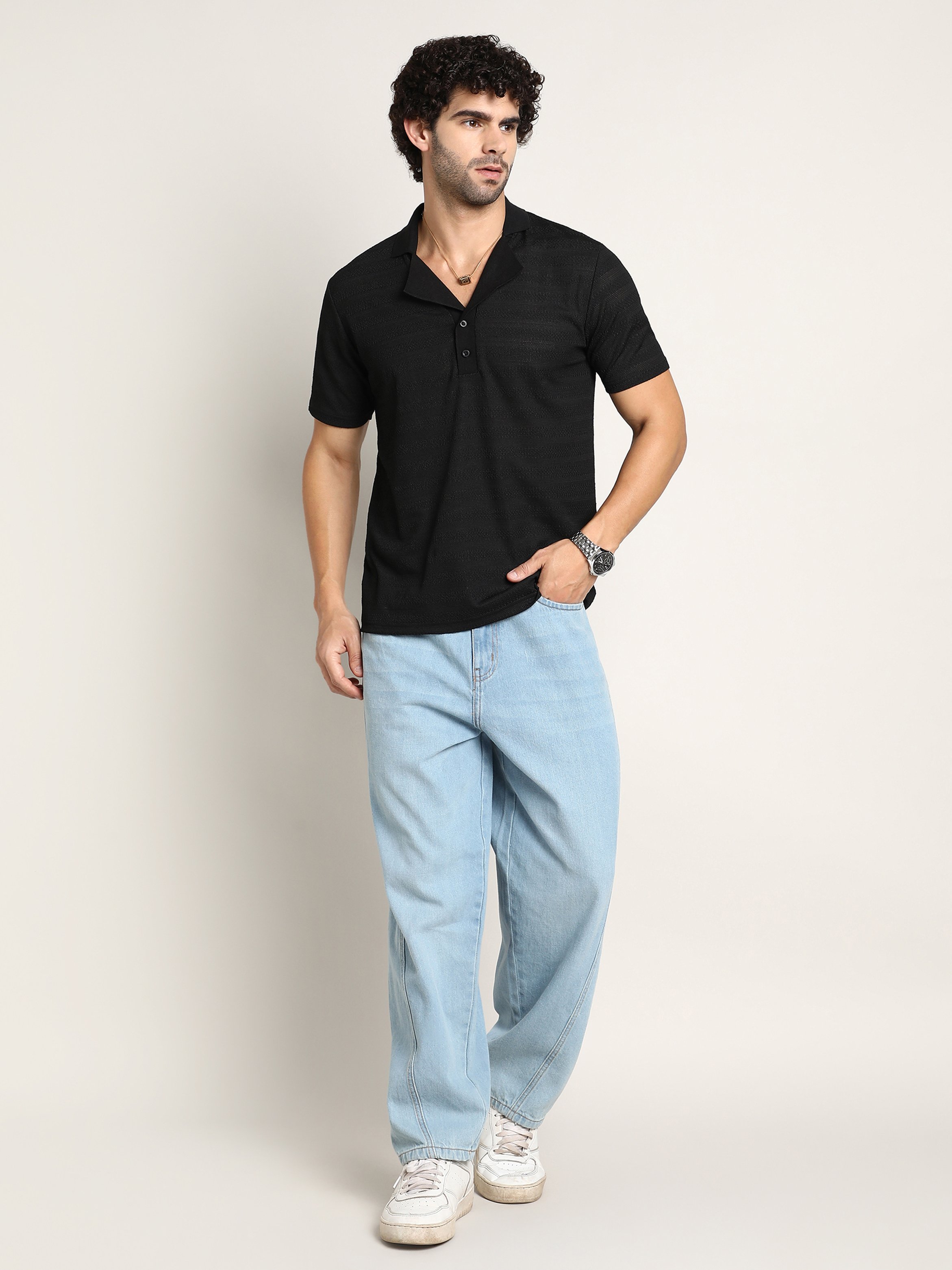 Men Black Self Design Cuban Polo T-Shirt