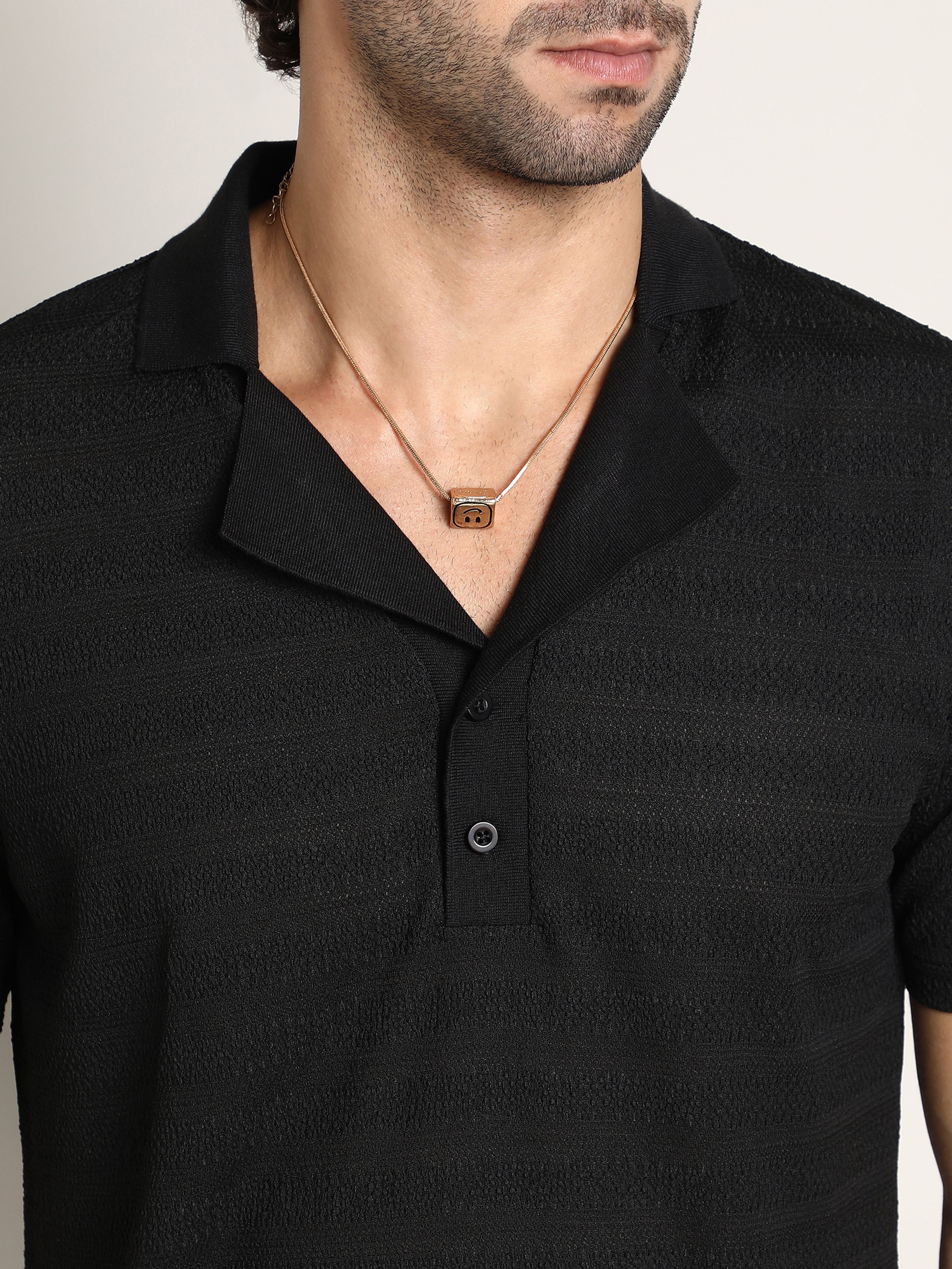 Men Black Self Design Cuban Polo T-Shirt
