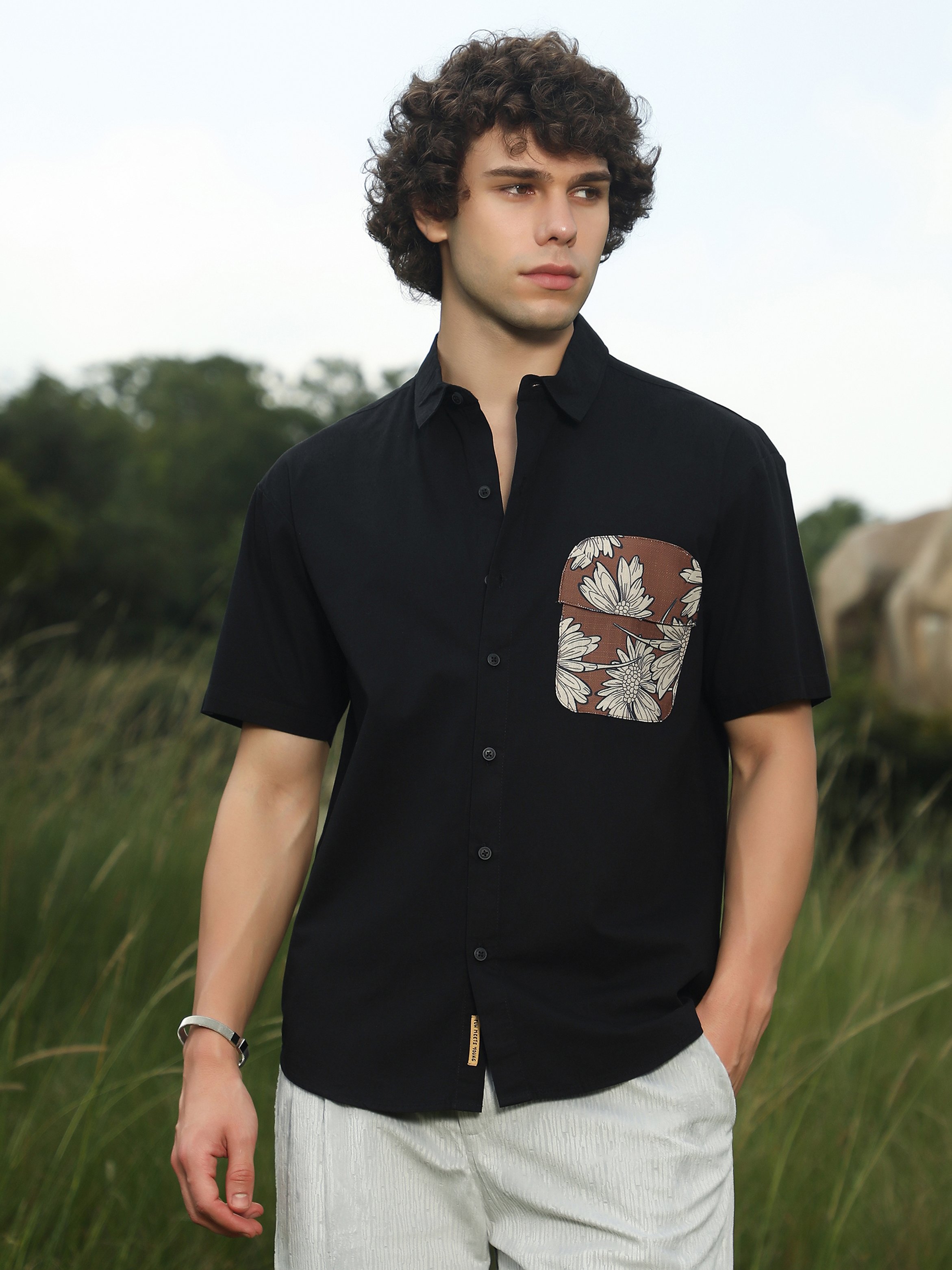 Men Black Pocket Floral Print Shirt