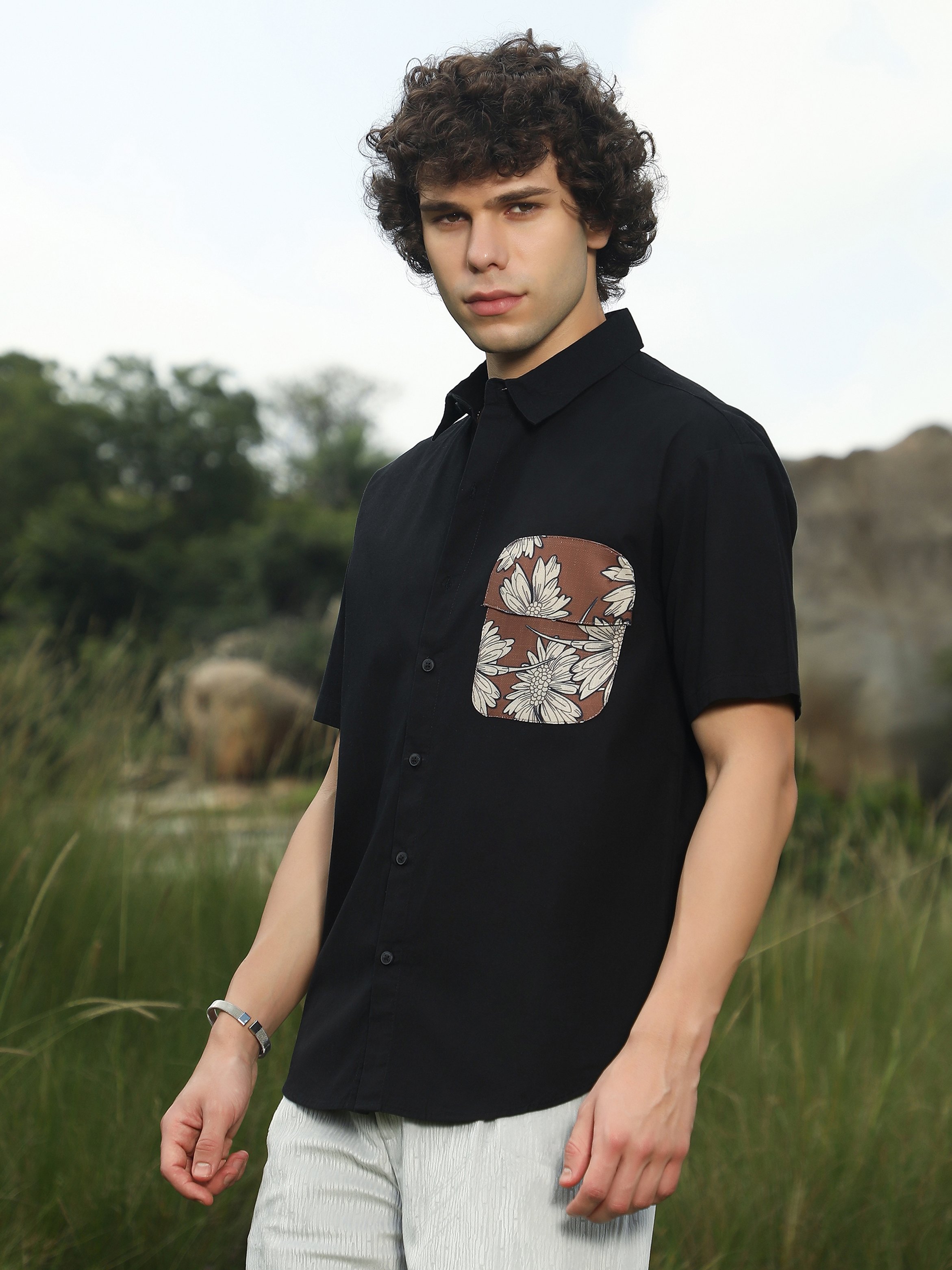 Men Black Pocket Floral Print Shirt