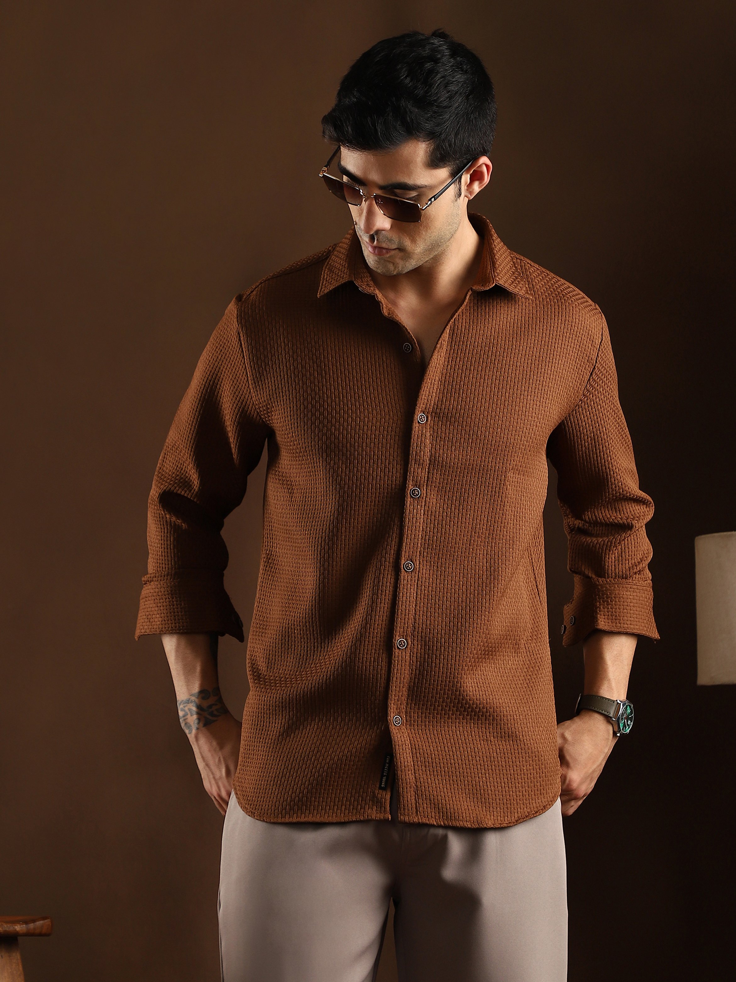 Men Chocolate Brown Textured-Tactile Shirt