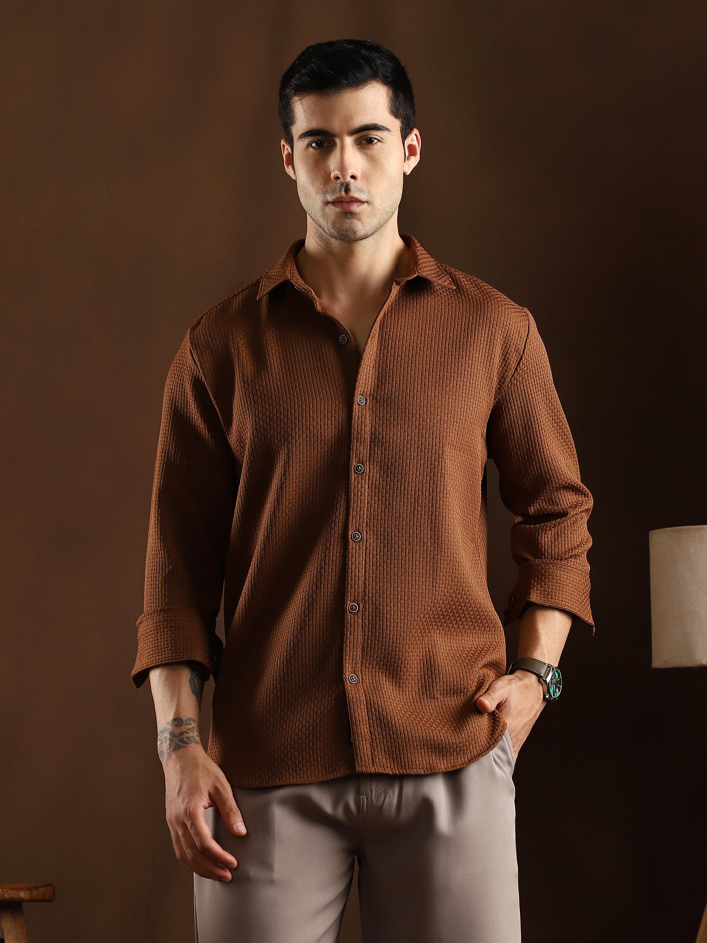 Men Chocolate Brown Textured-Tactile Shirt