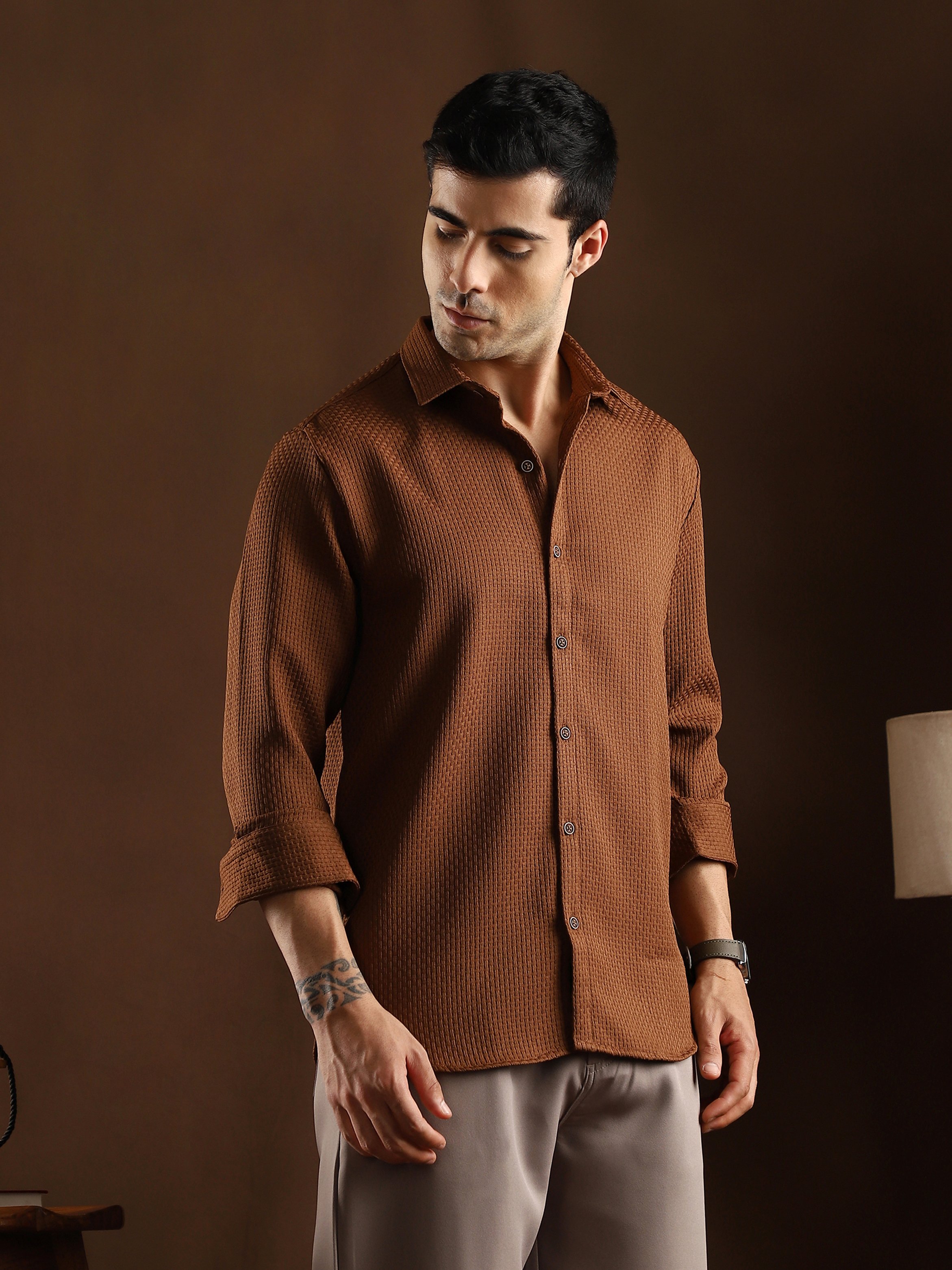 Men Chocolate Brown Textured-Tactile Shirt