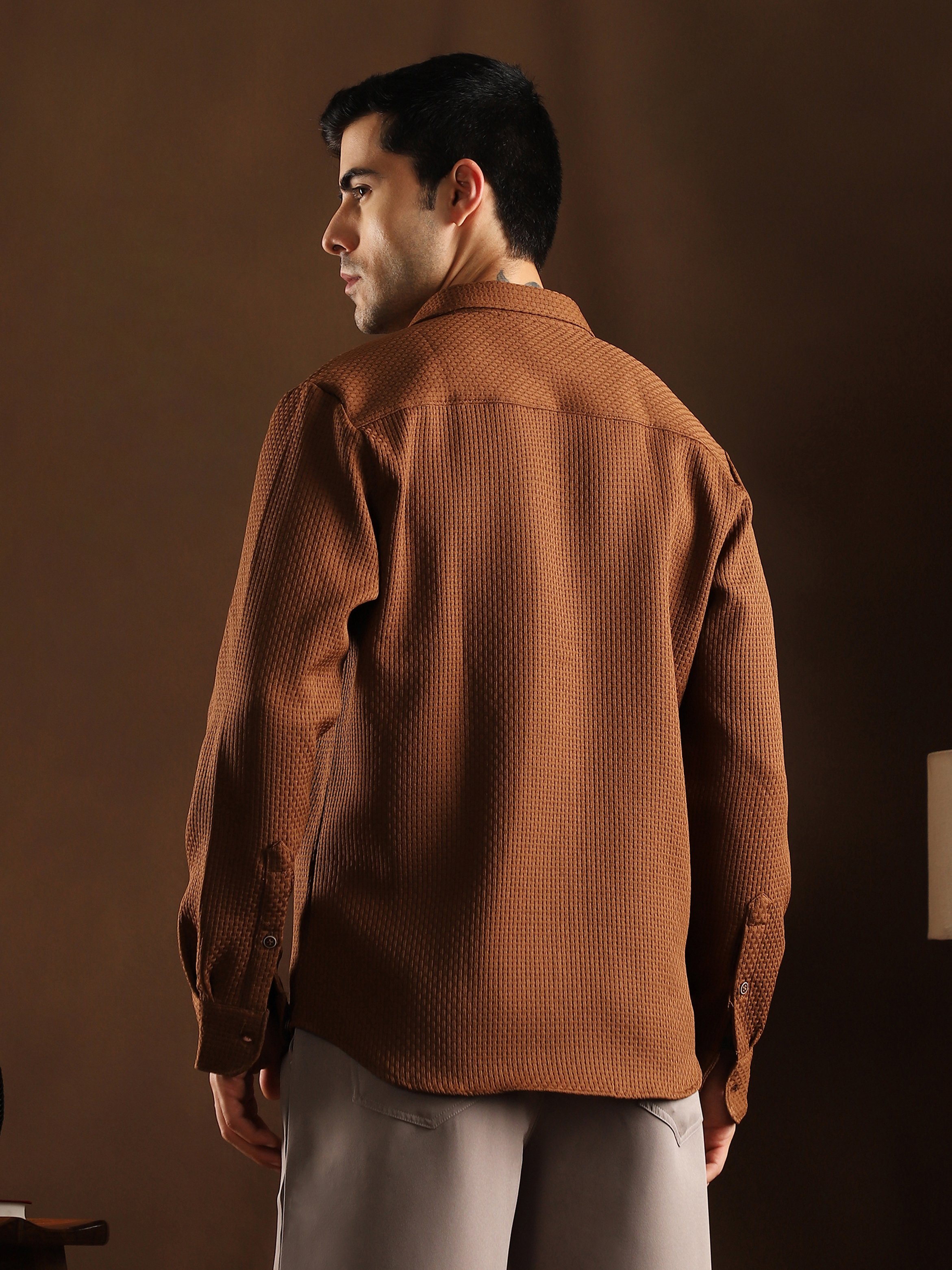 Men Chocolate Brown Textured-Tactile Shirt