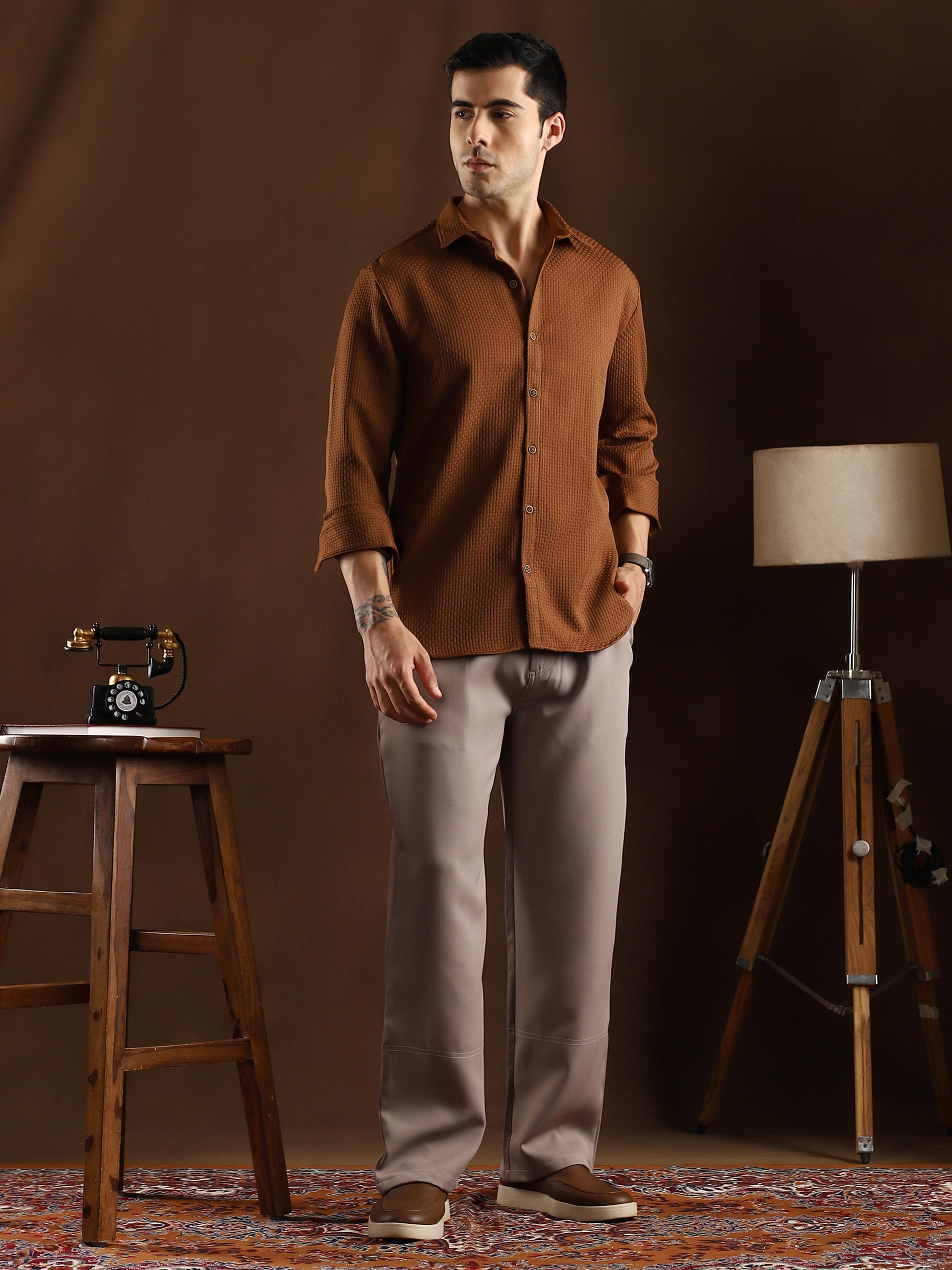 Men Chocolate Brown Textured-Tactile Shirt