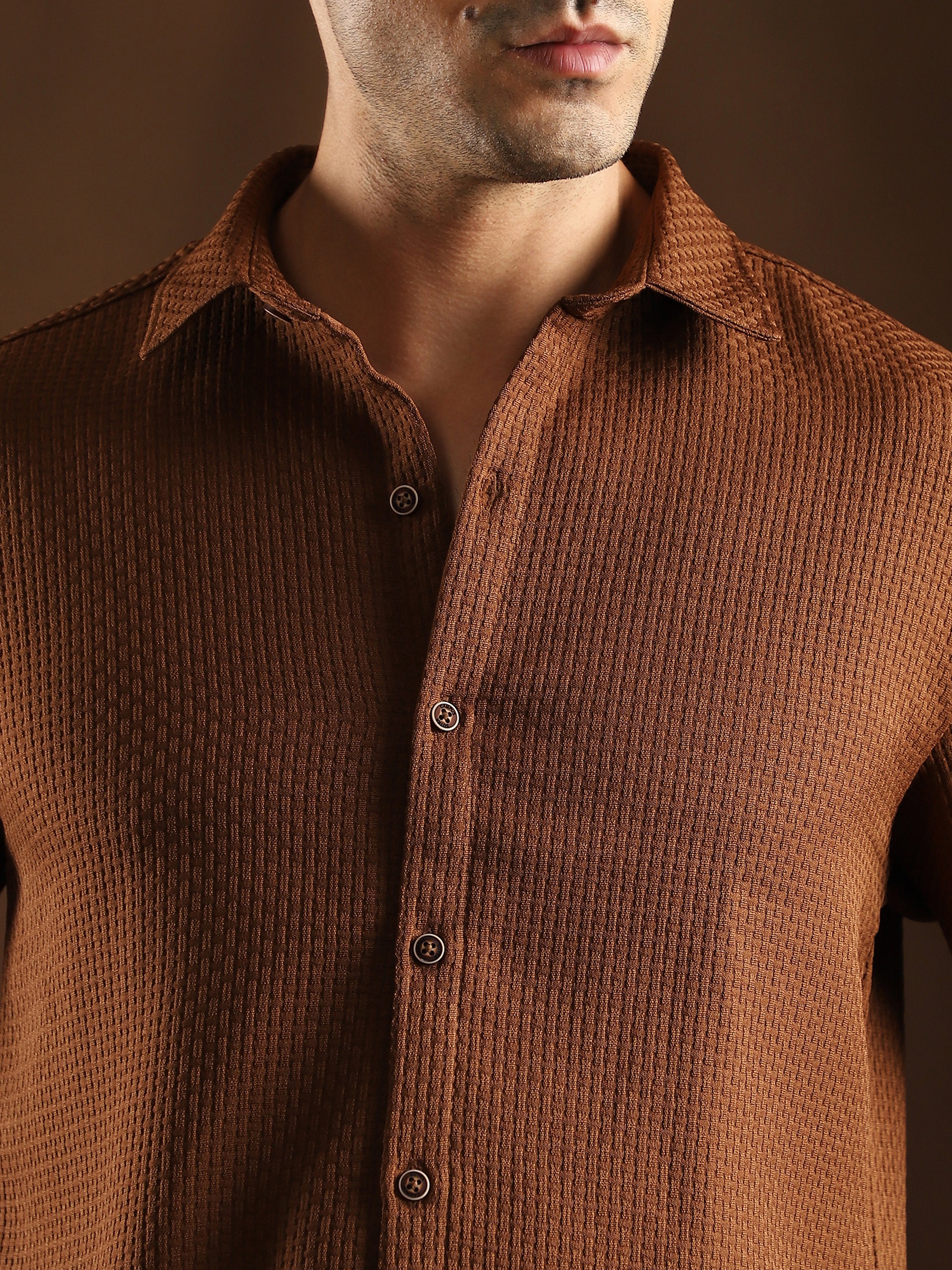 Men Chocolate Brown Textured-Tactile Shirt