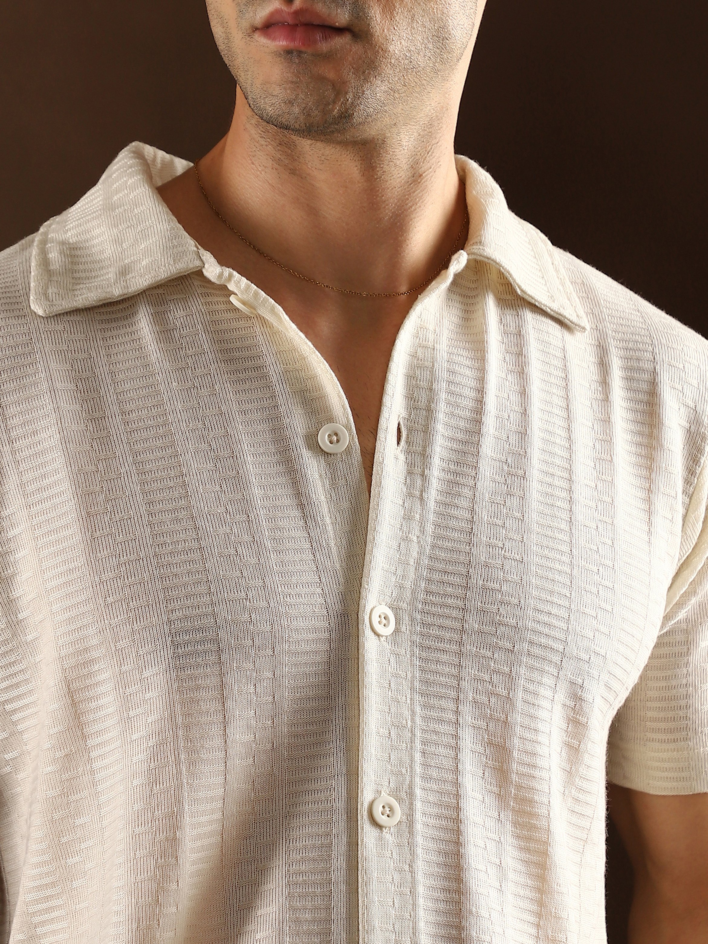 Men Off-White Ribbed Knit Textured Shirt