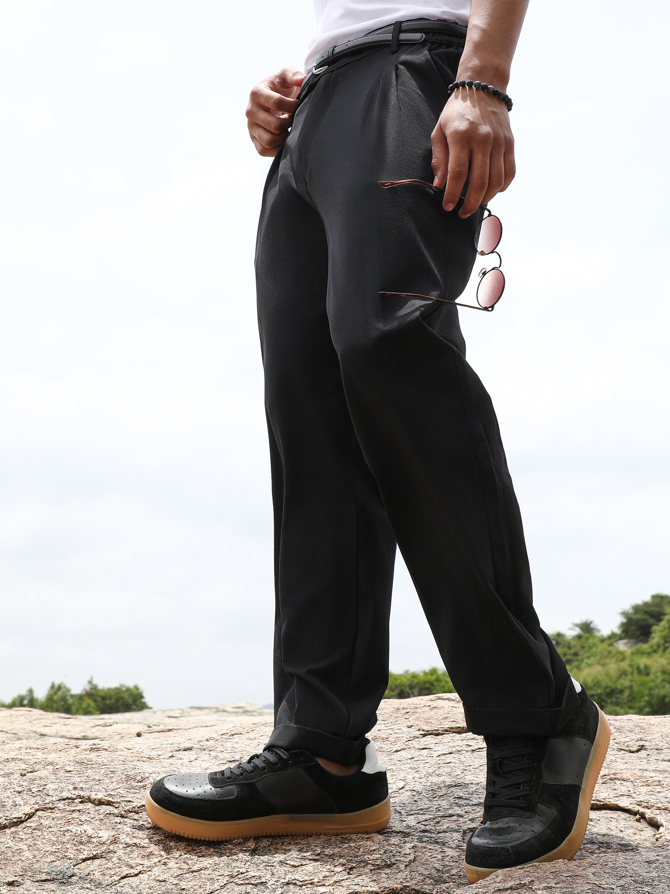Men Onyx Black Extended-Waistband Pleat Trousers