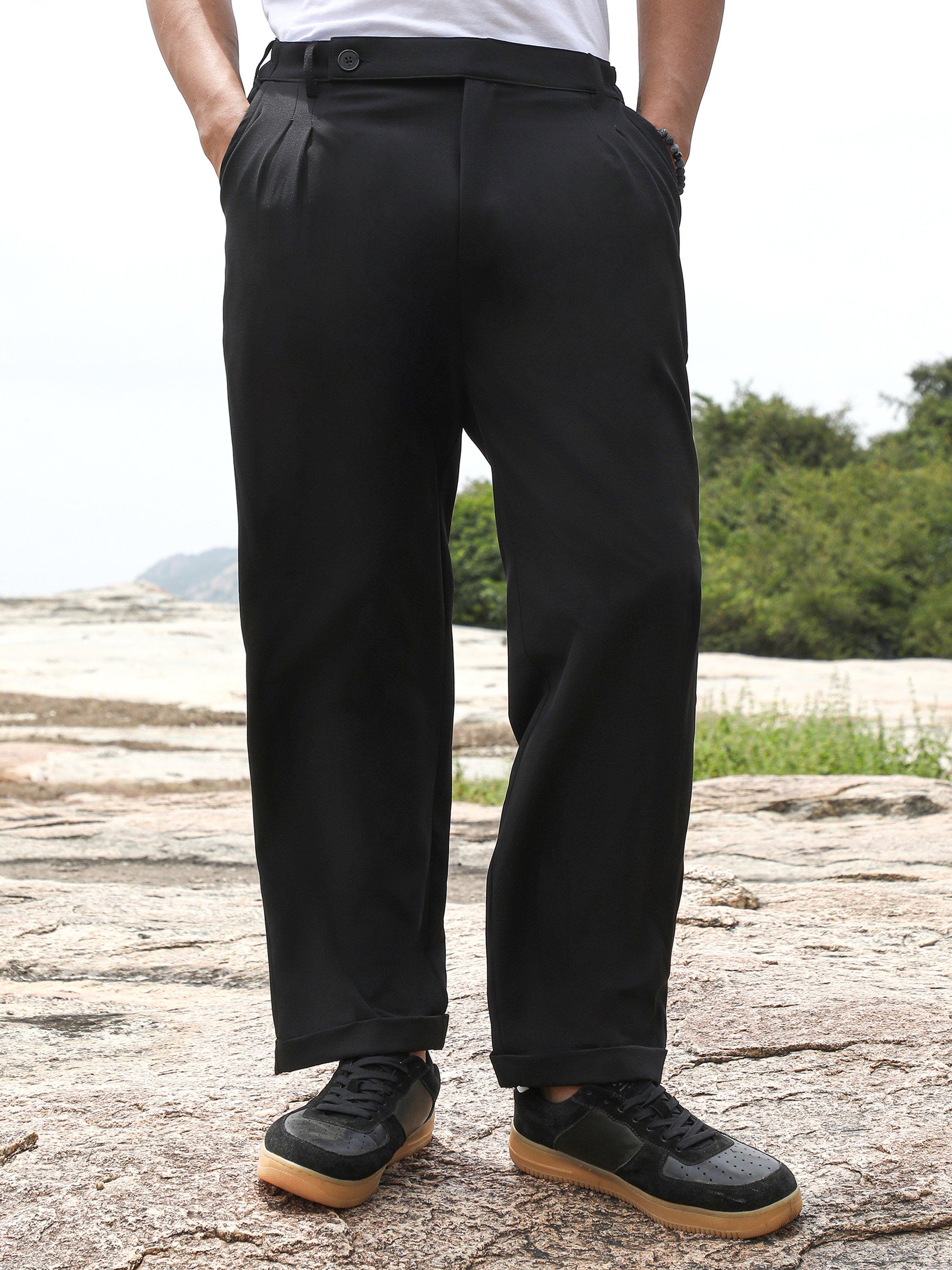 Men Onyx Black Extended-Waistband Pleat Trousers
