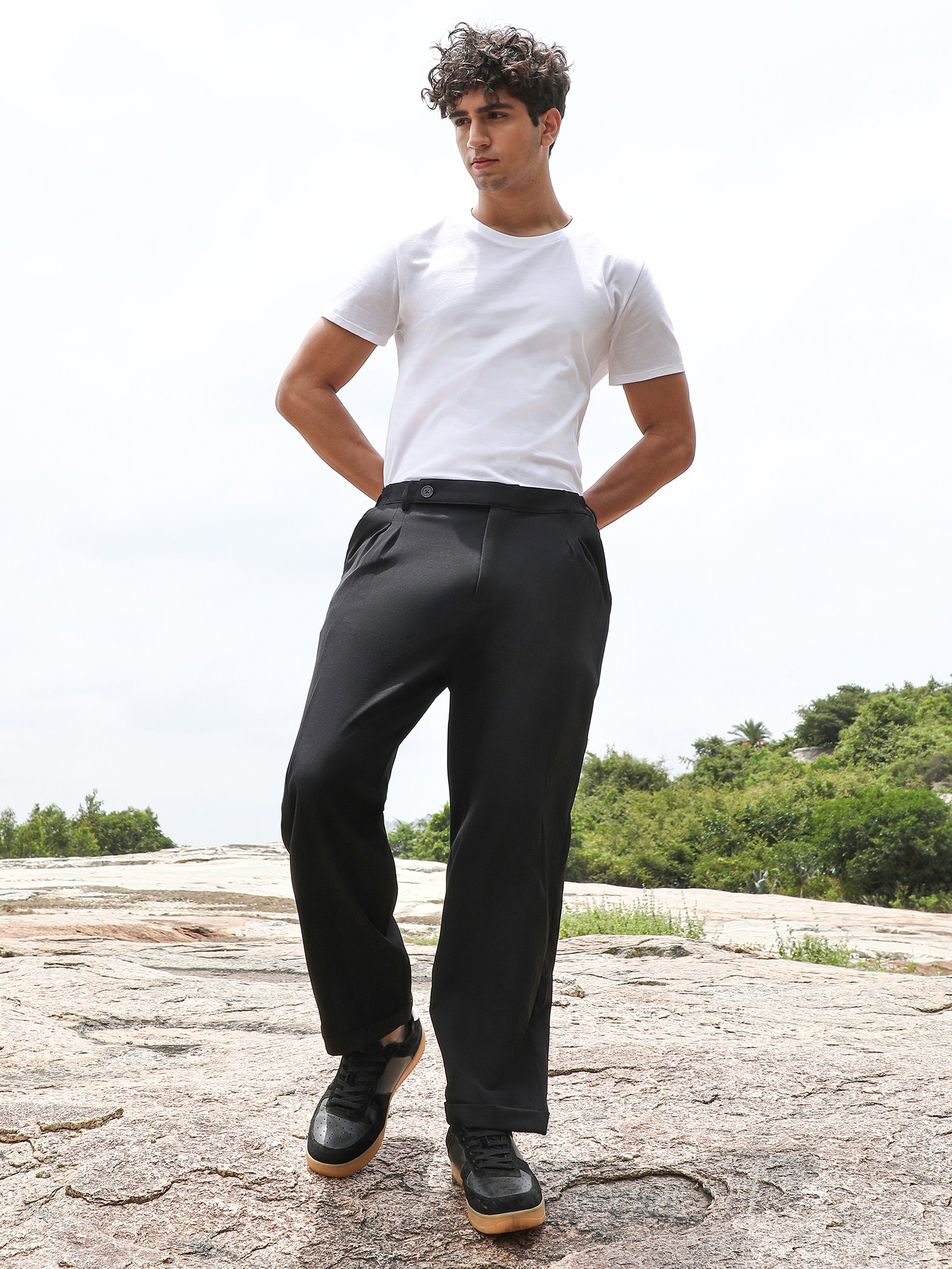 Men Onyx Black Extended-Waistband Pleat Trousers