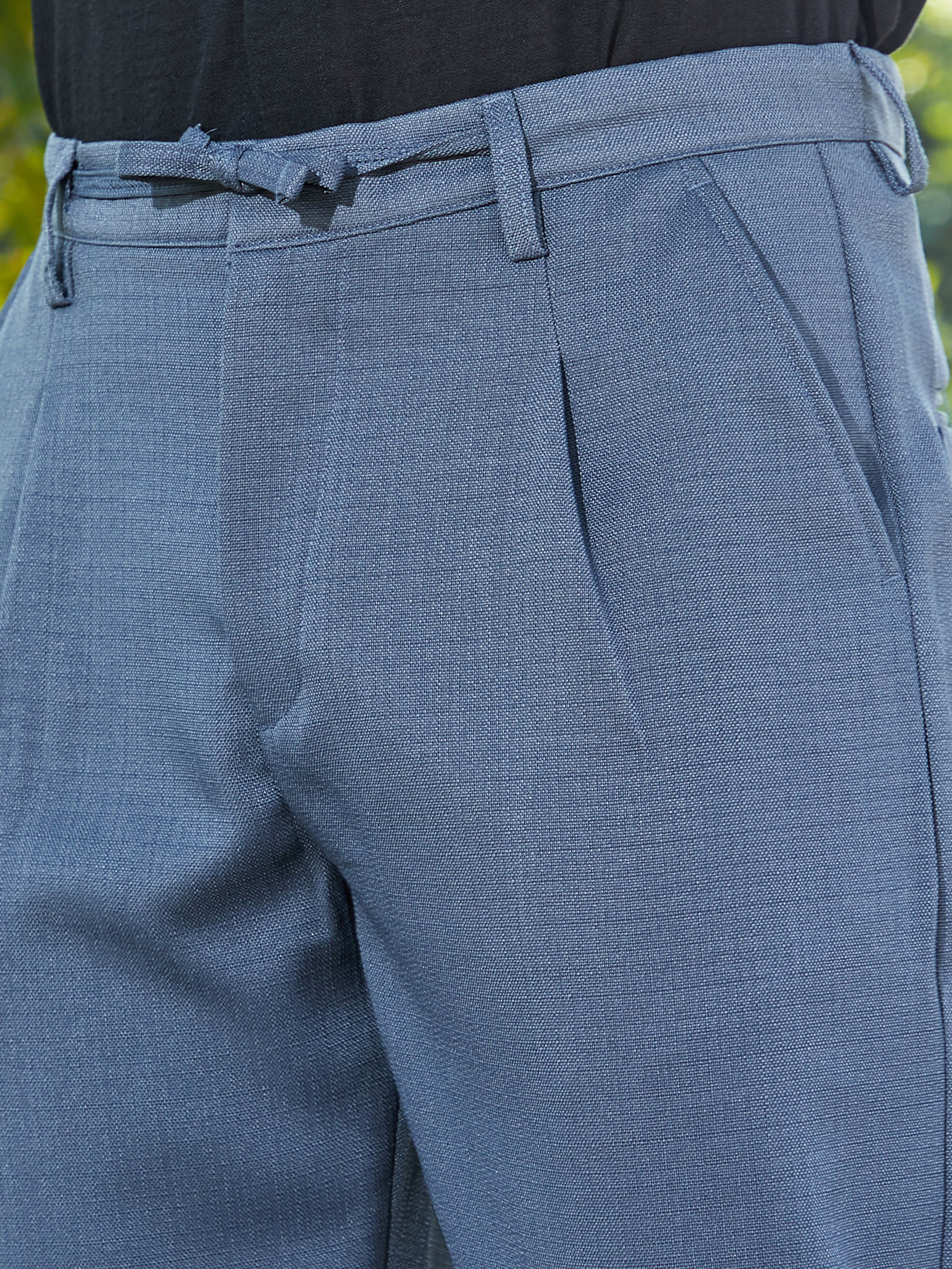 Men Steel Blue Tailored Linen-Blend Trousers