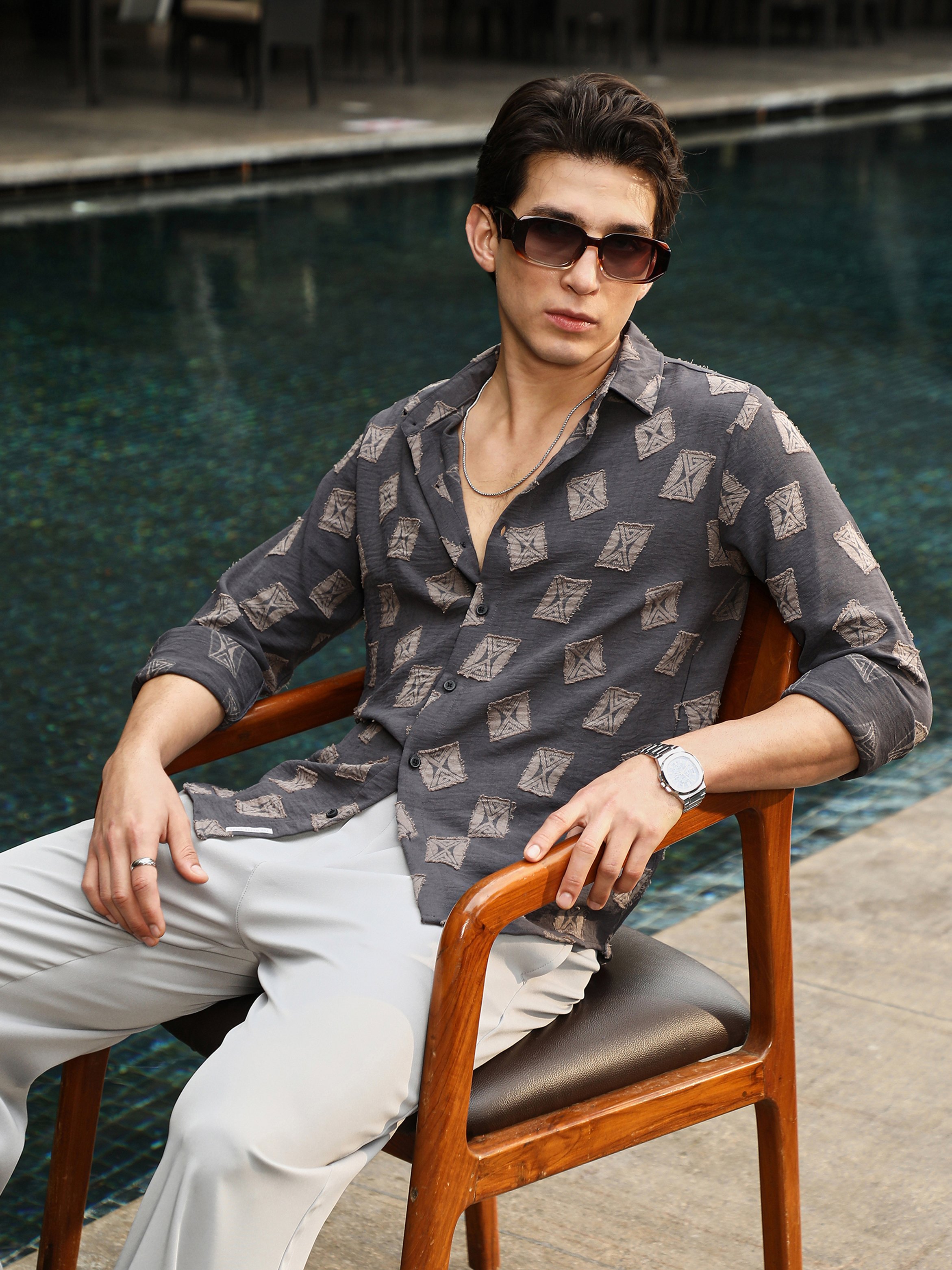 Men Charcoal Grey Folk-Block Jacquard Shirt