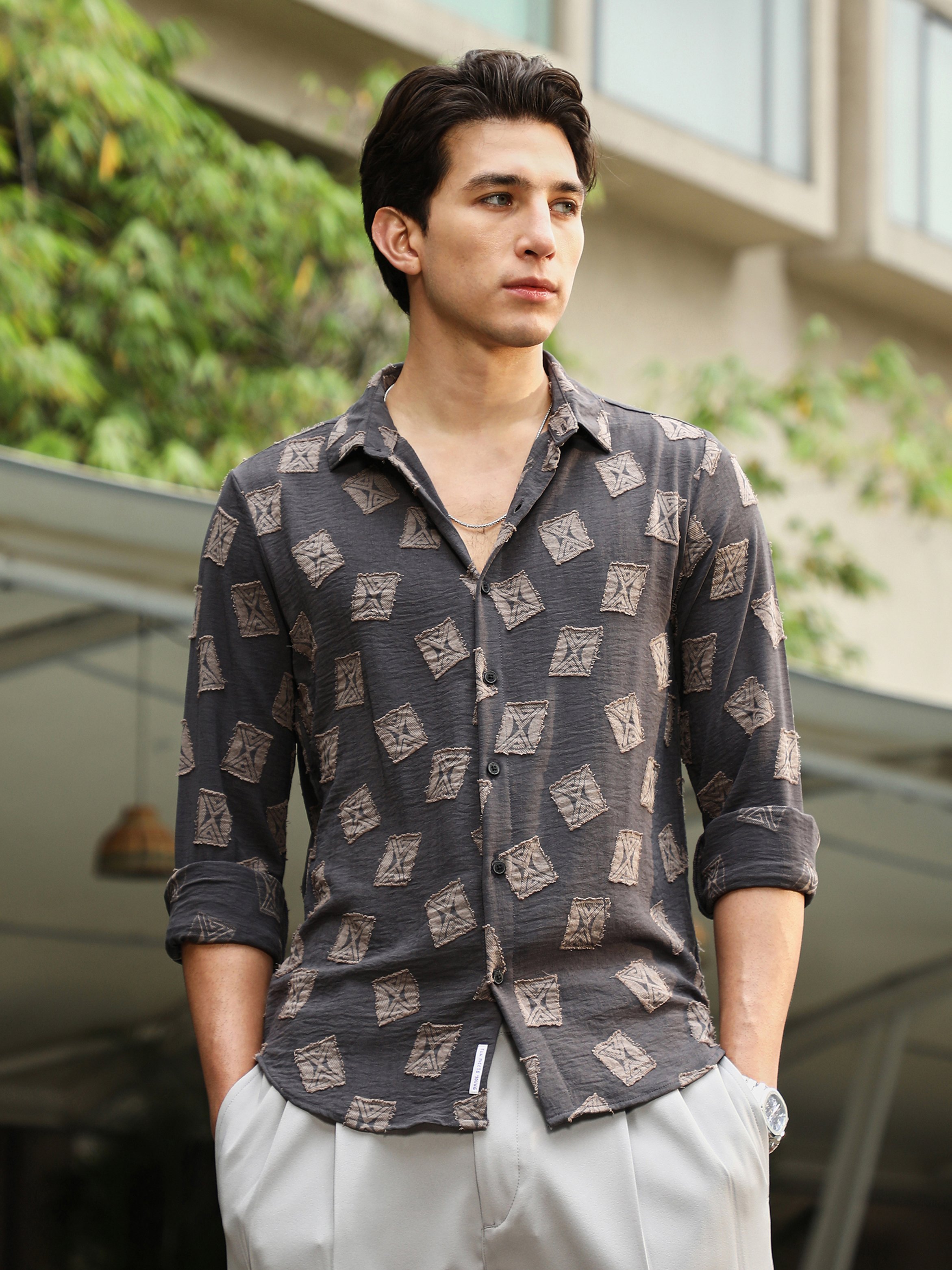 Men Charcoal Grey Folk-Block Jacquard Shirt