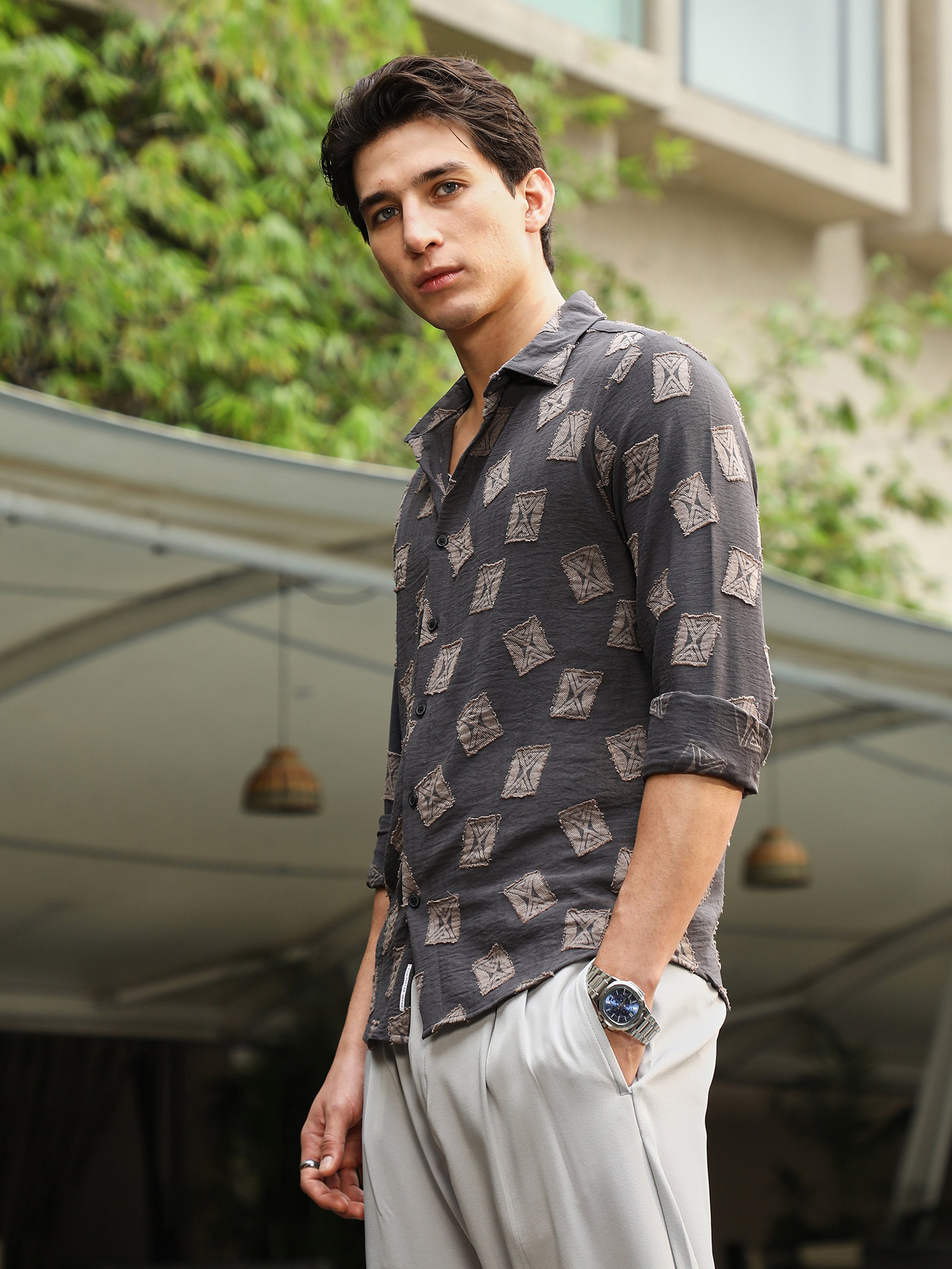 Men Charcoal Grey Folk-Block Jacquard Shirt