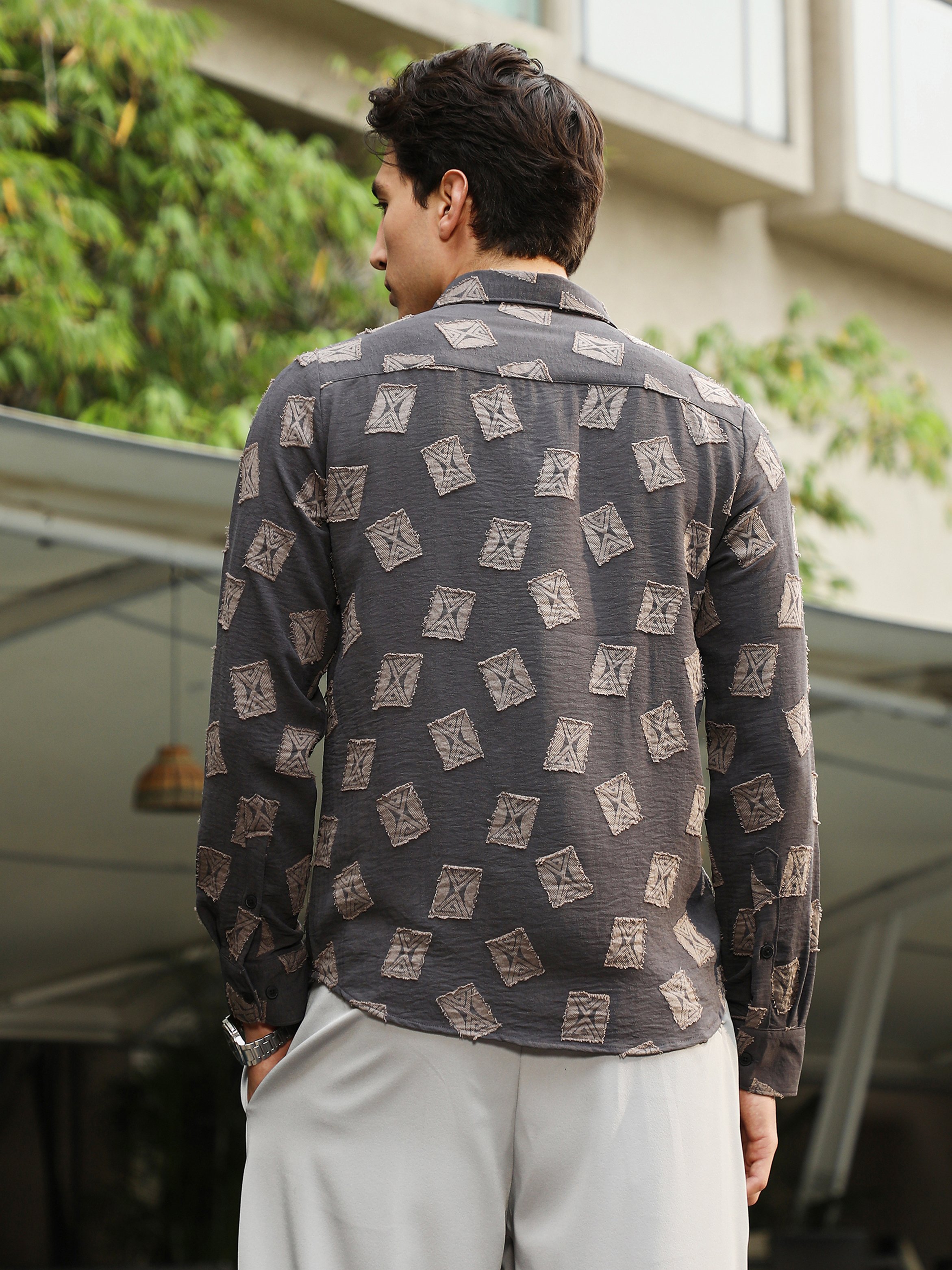 Men Charcoal Grey Folk-Block Jacquard Shirt