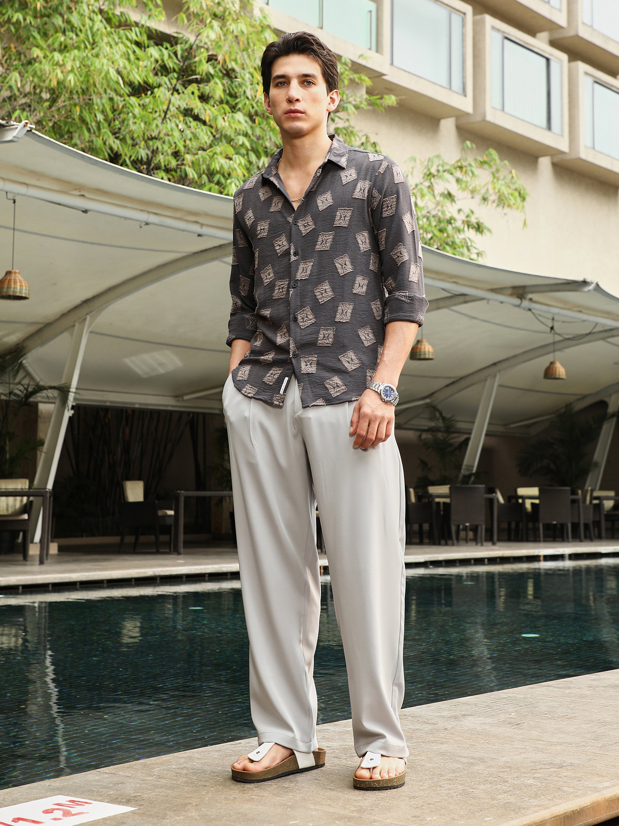Men Charcoal Grey Folk-Block Jacquard Shirt