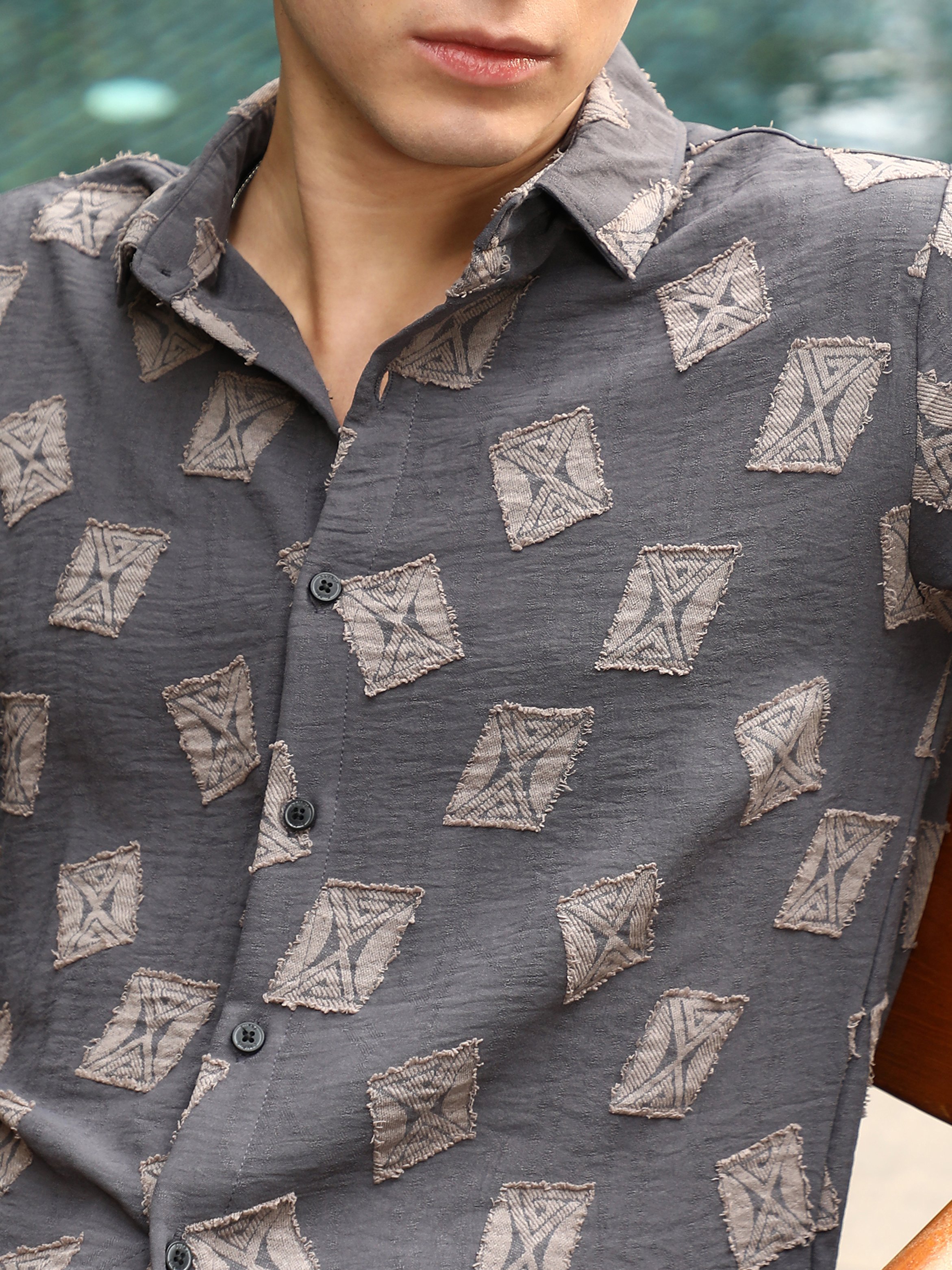 Men Charcoal Grey Folk-Block Jacquard Shirt