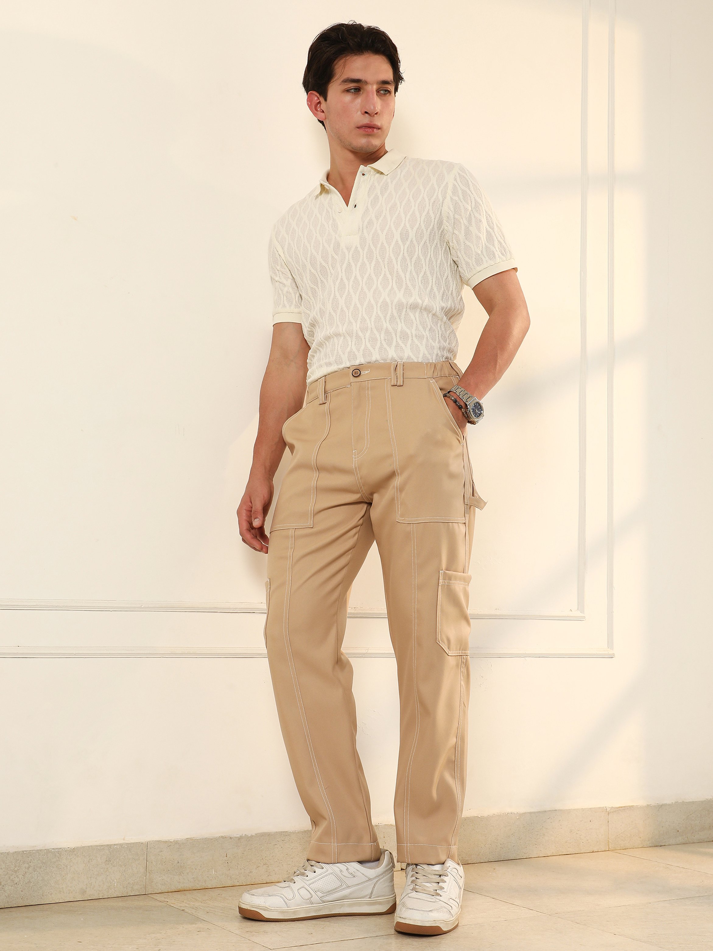 Men Khaki Beige Contrast Stitch Carpenter Trousers