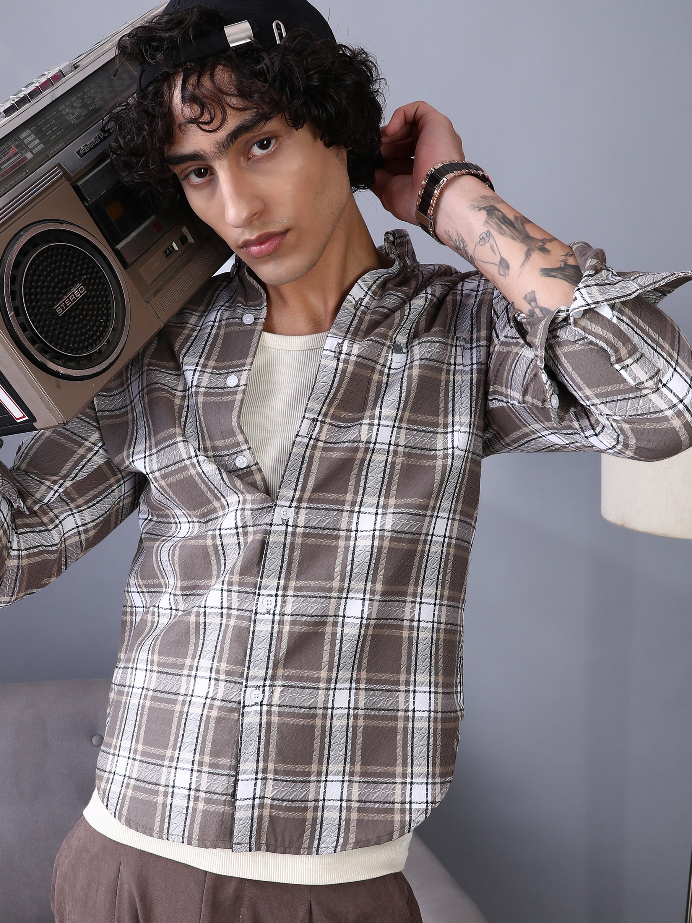 Men Mocha Brown Checked Regular Shirt