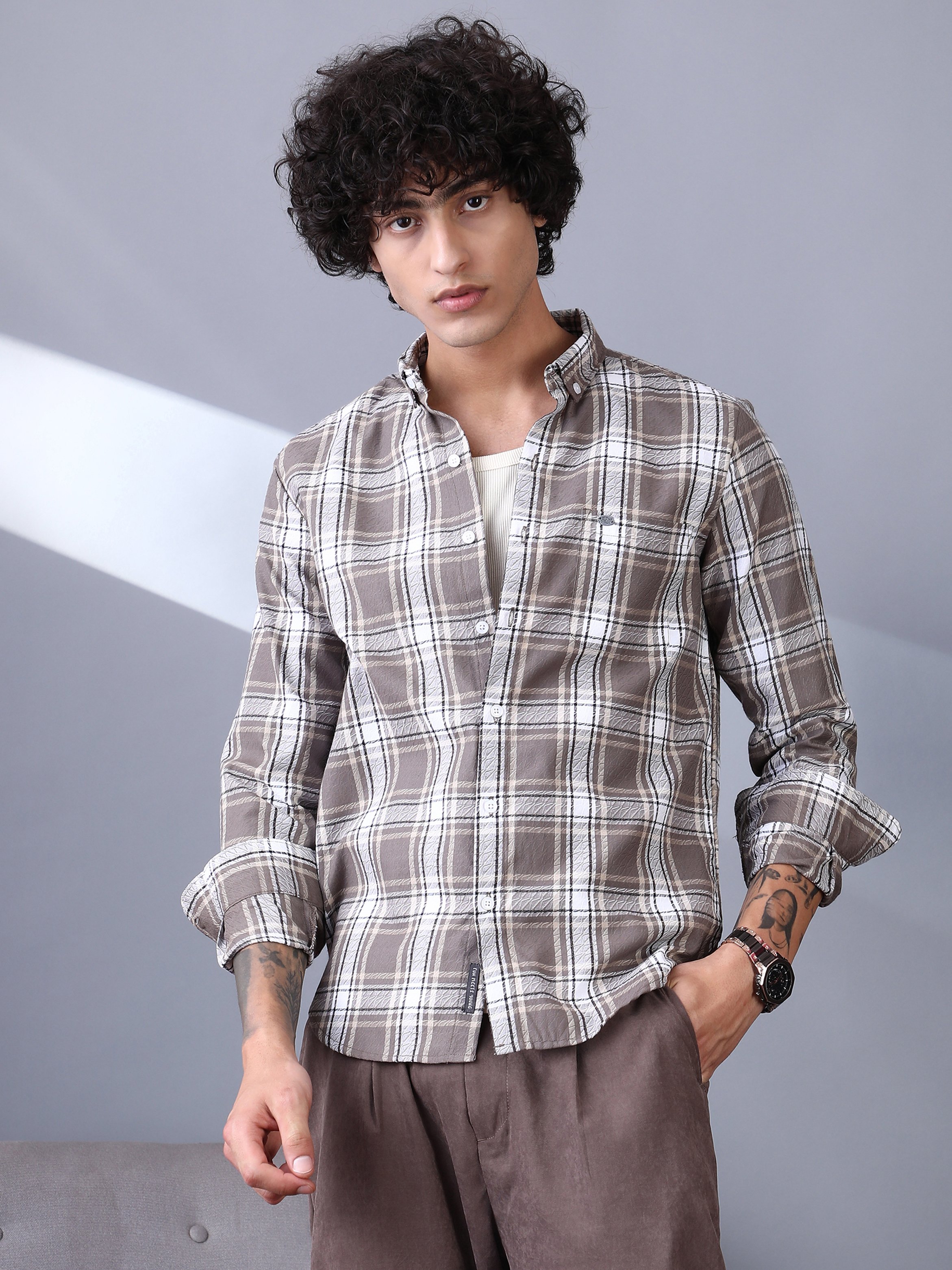Men Mocha Brown Checked Regular Shirt