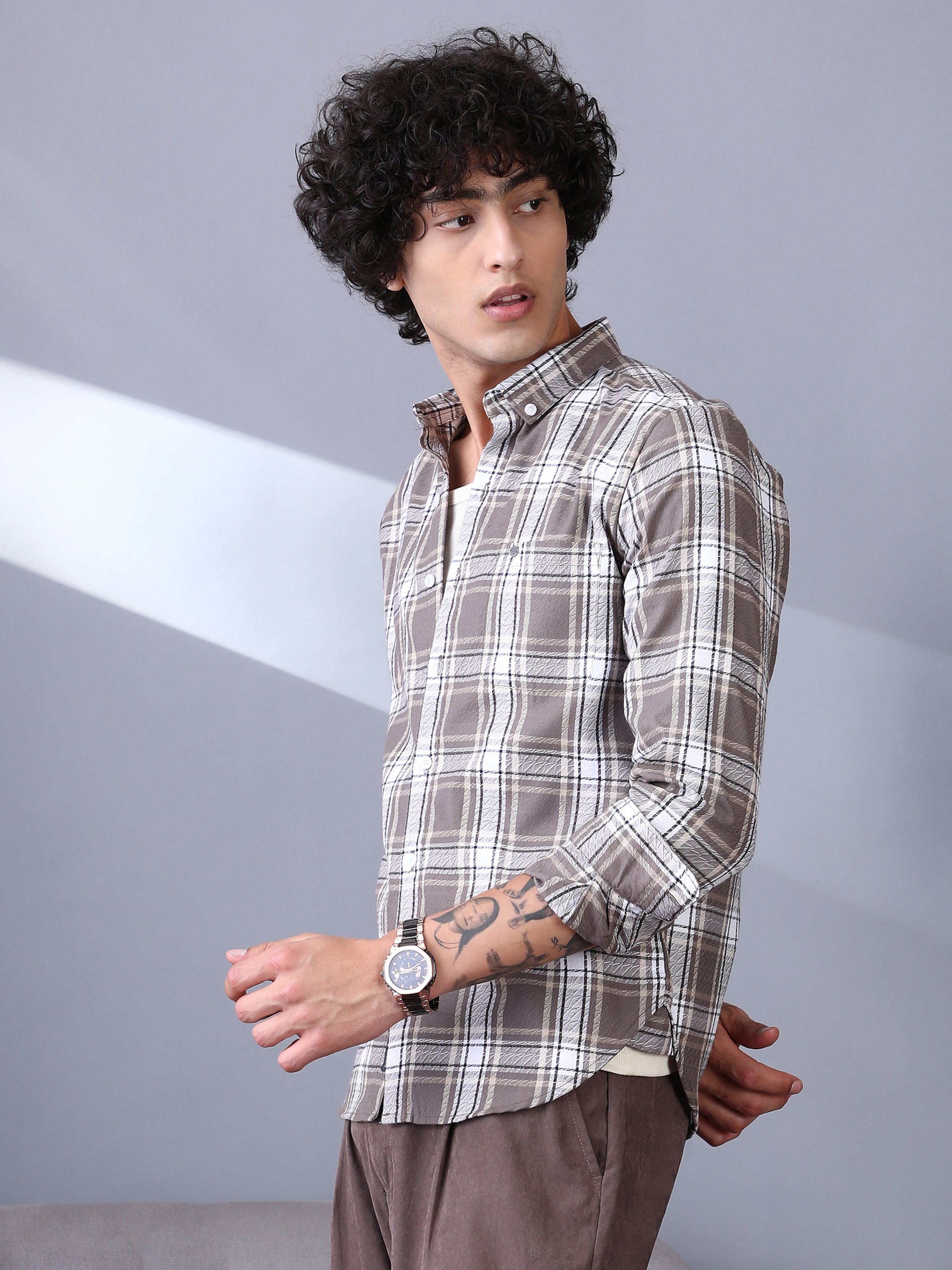 Men Mocha Brown Checked Regular Shirt