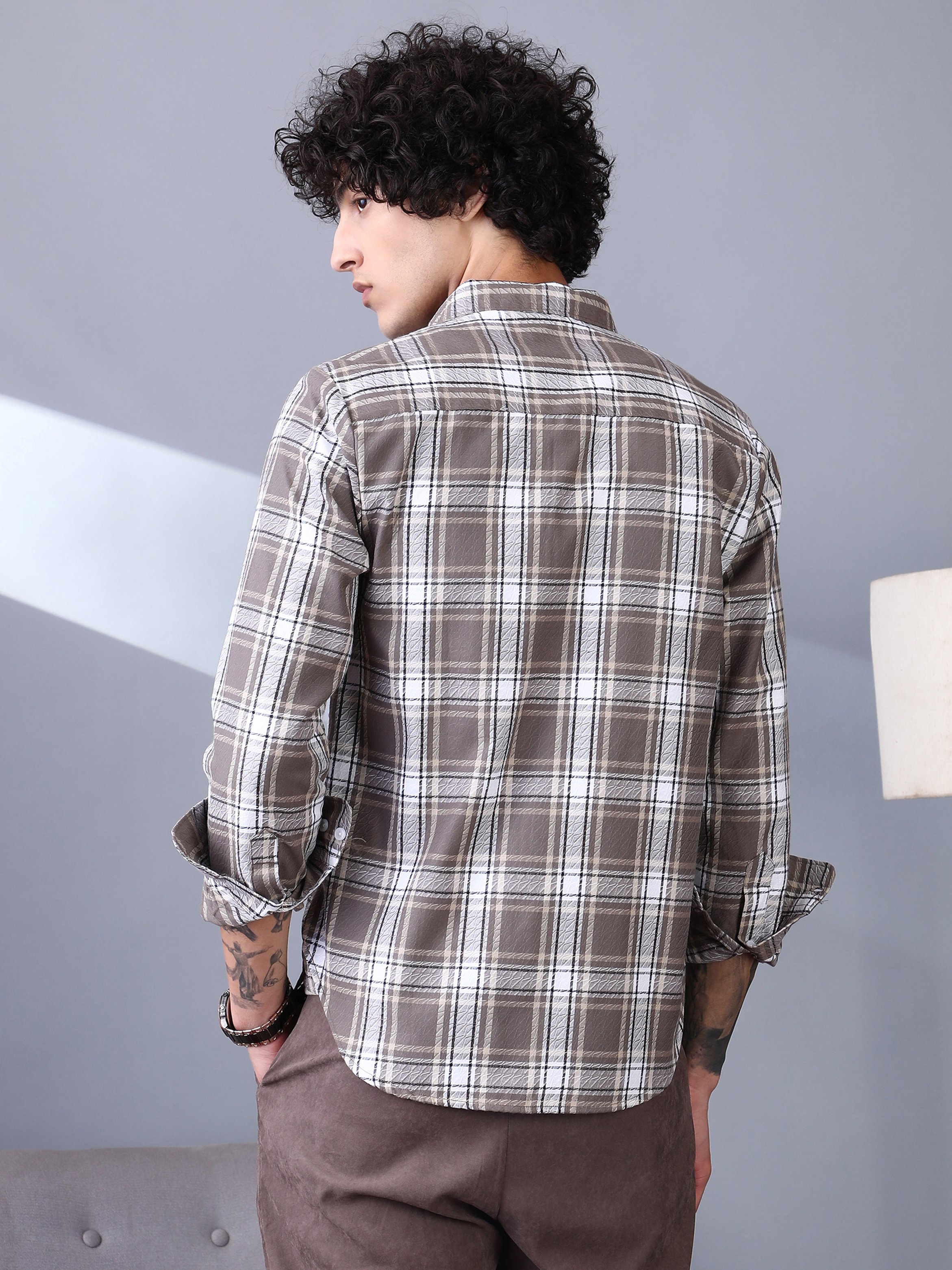 Men Mocha Brown Checked Regular Shirt