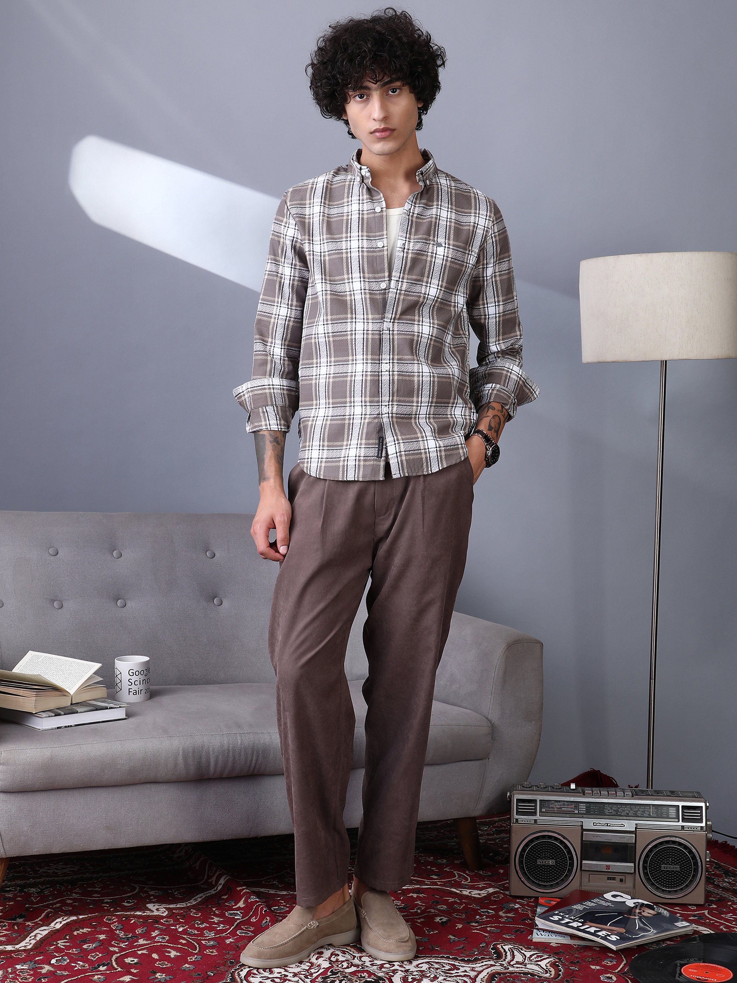 Men Mocha Brown Checked Regular Shirt