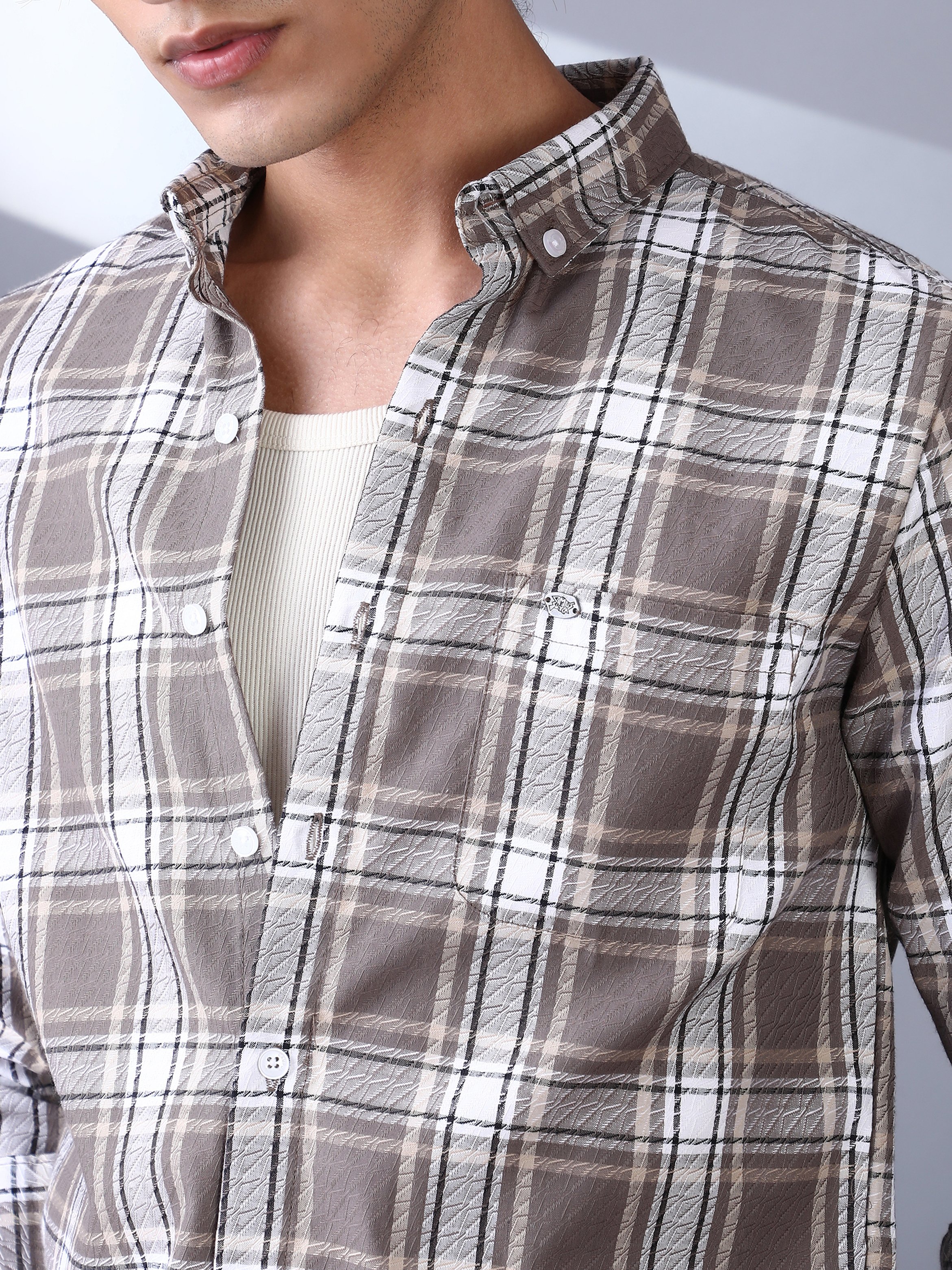 Men Mocha Brown Checked Regular Shirt