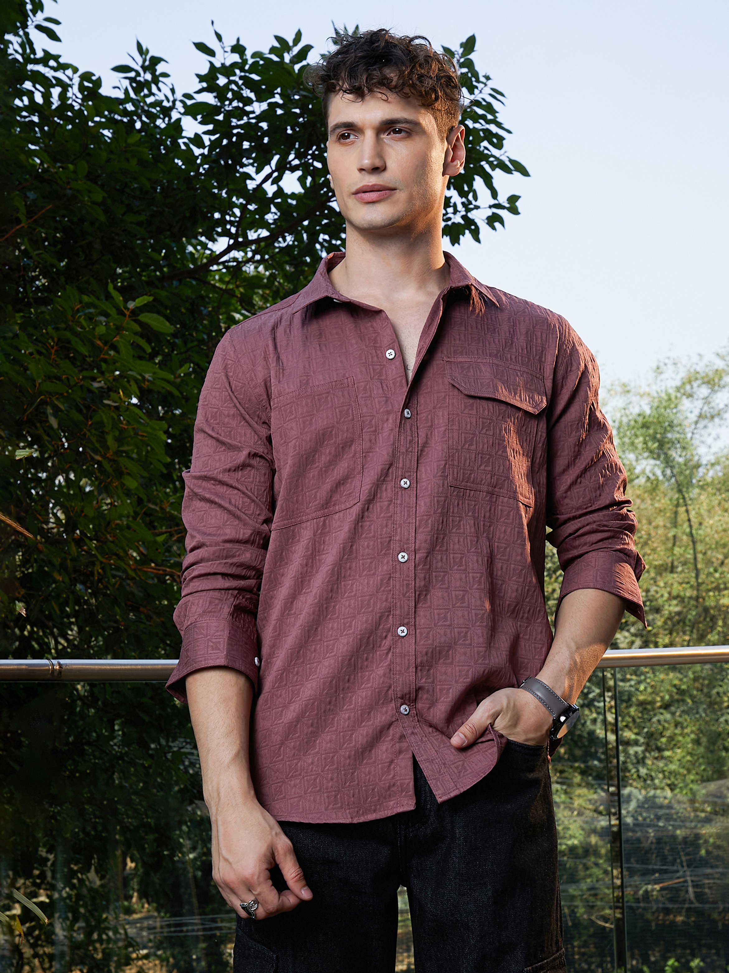 Men Purple Textured Utility Relaxed Shirt