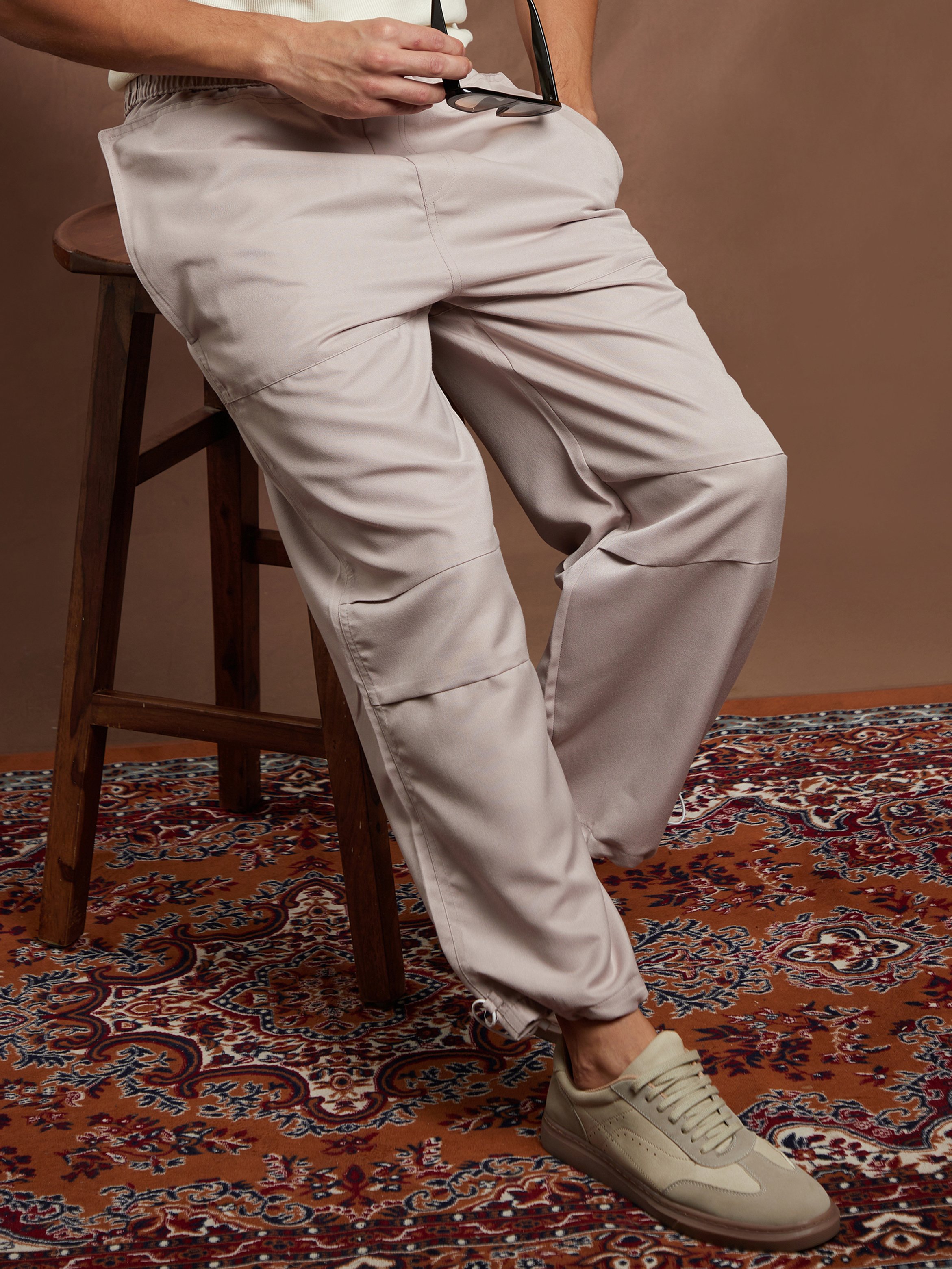 Men Saltbox Beige Panelled Parachute Trousers