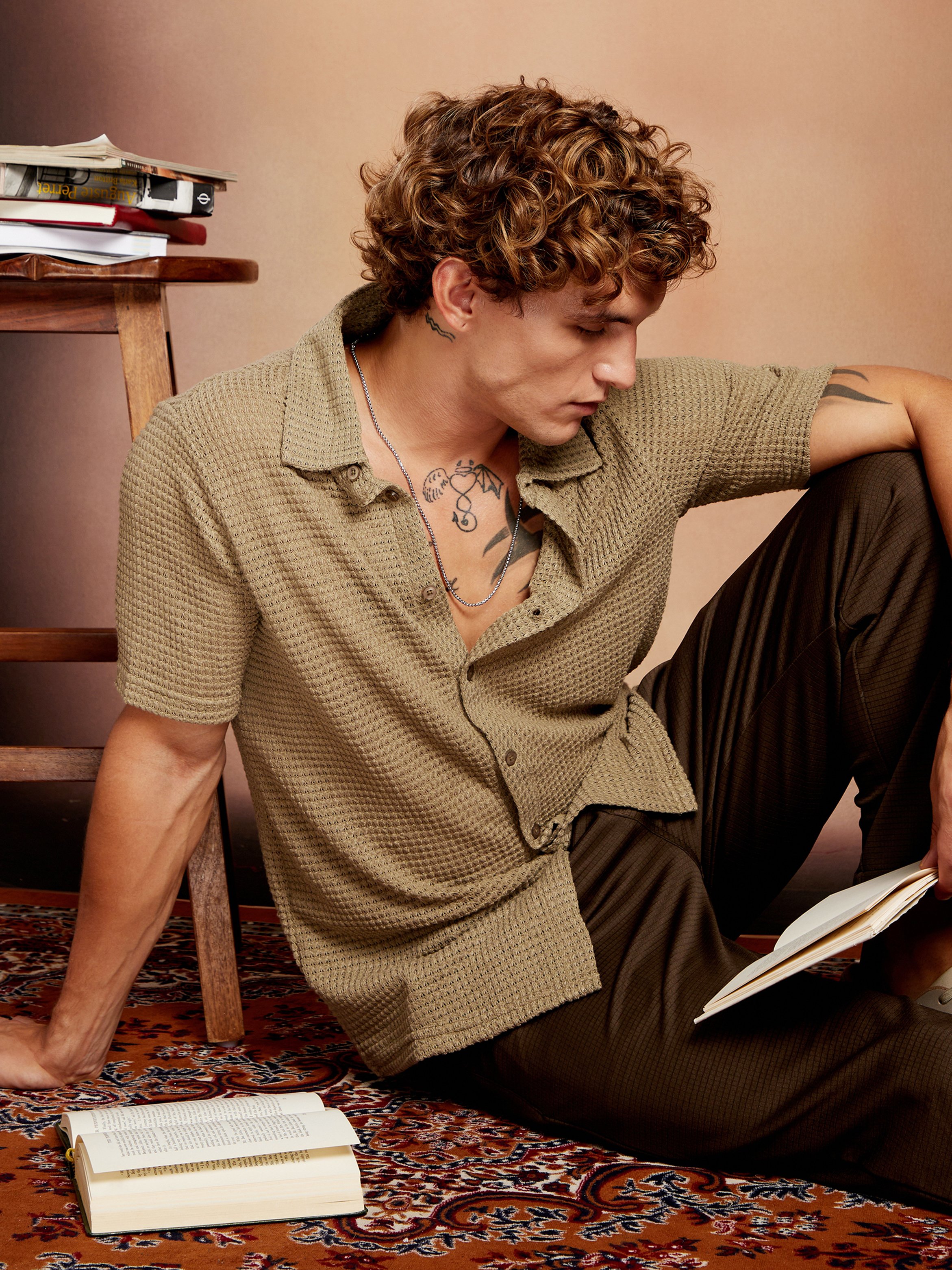 Men Beige Solid-Knit Oversized Shirt