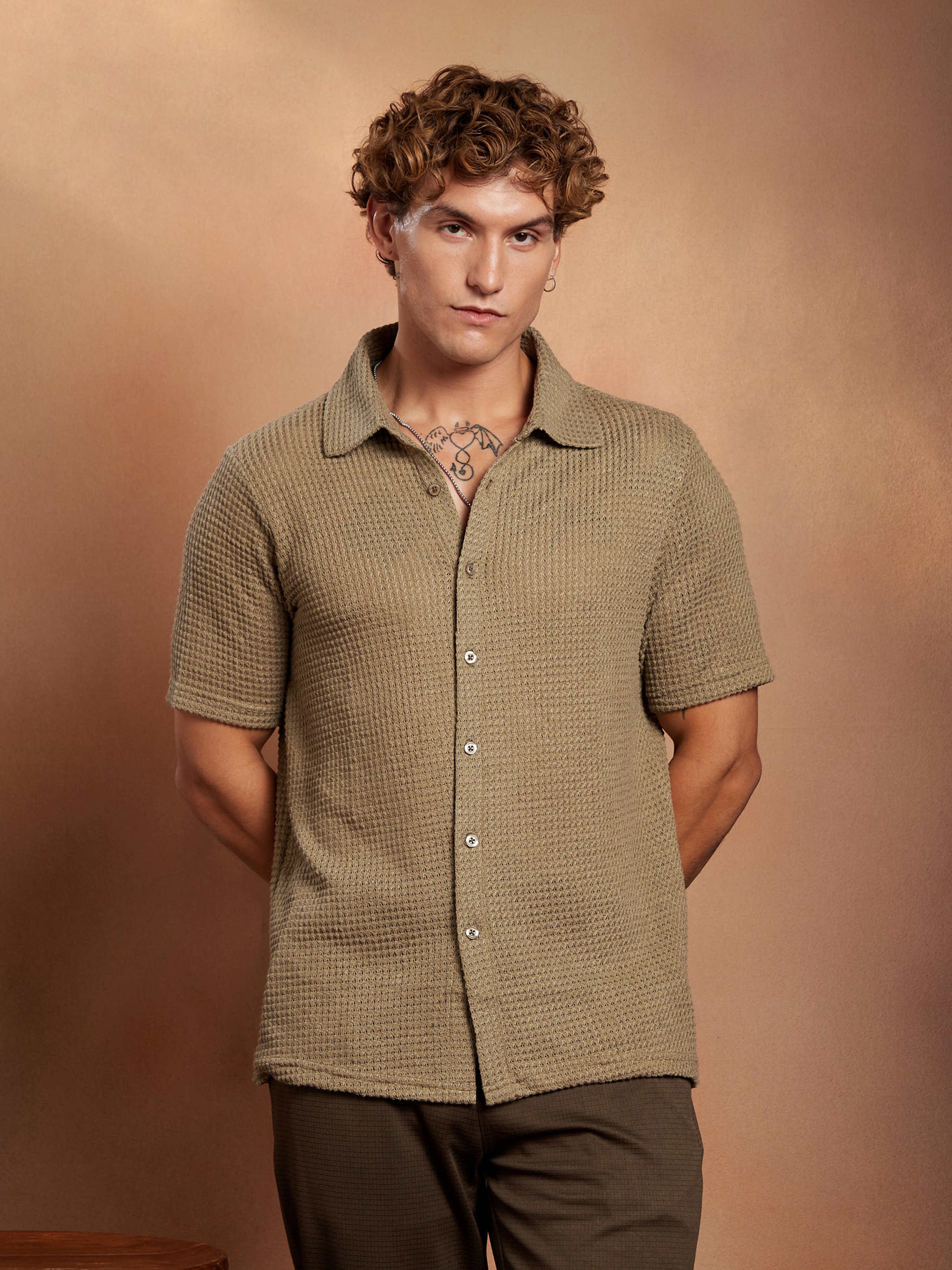 Men Beige Solid-Knit Oversized Shirt