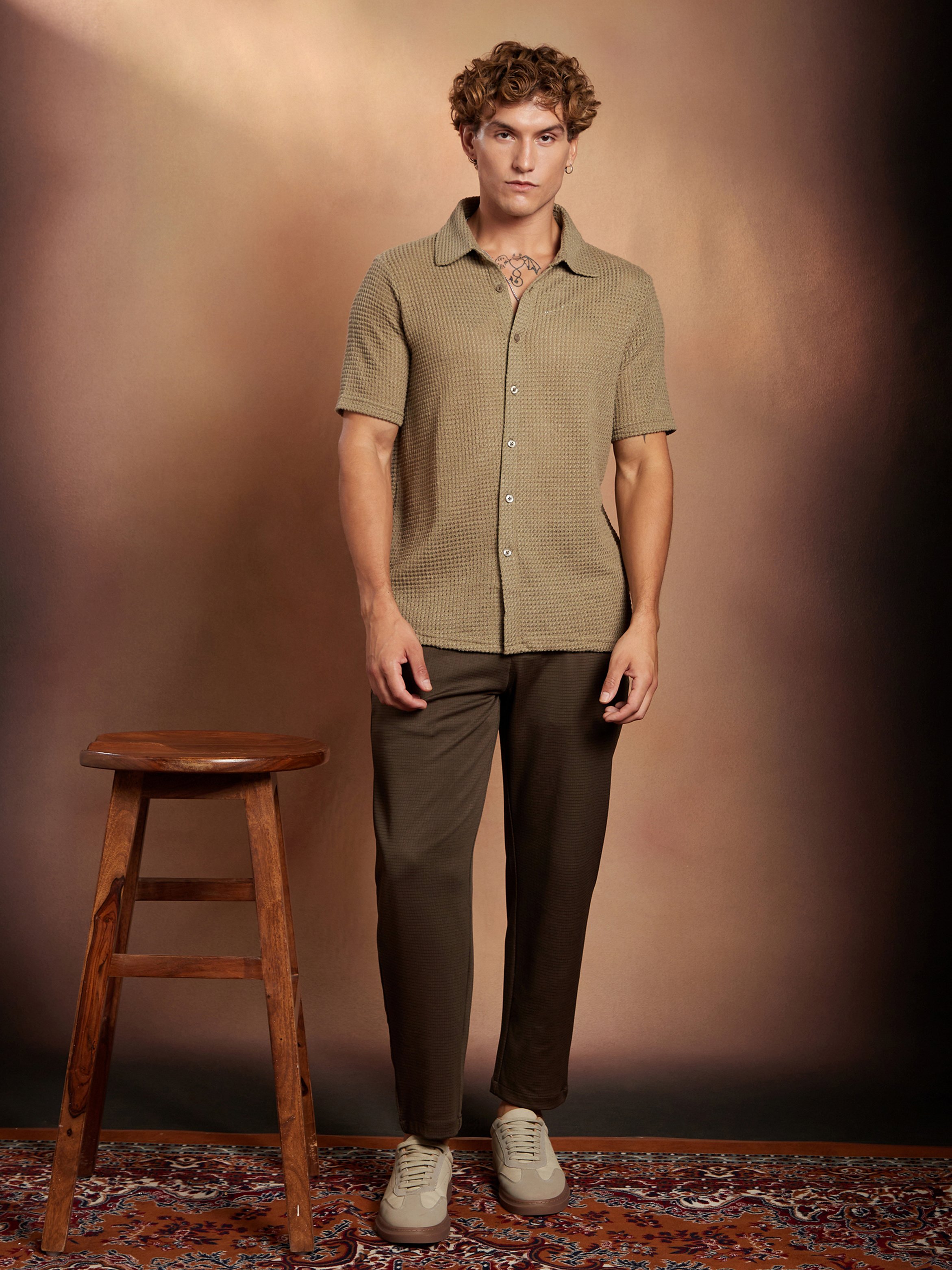 Men Beige Solid-Knit Oversized Shirt