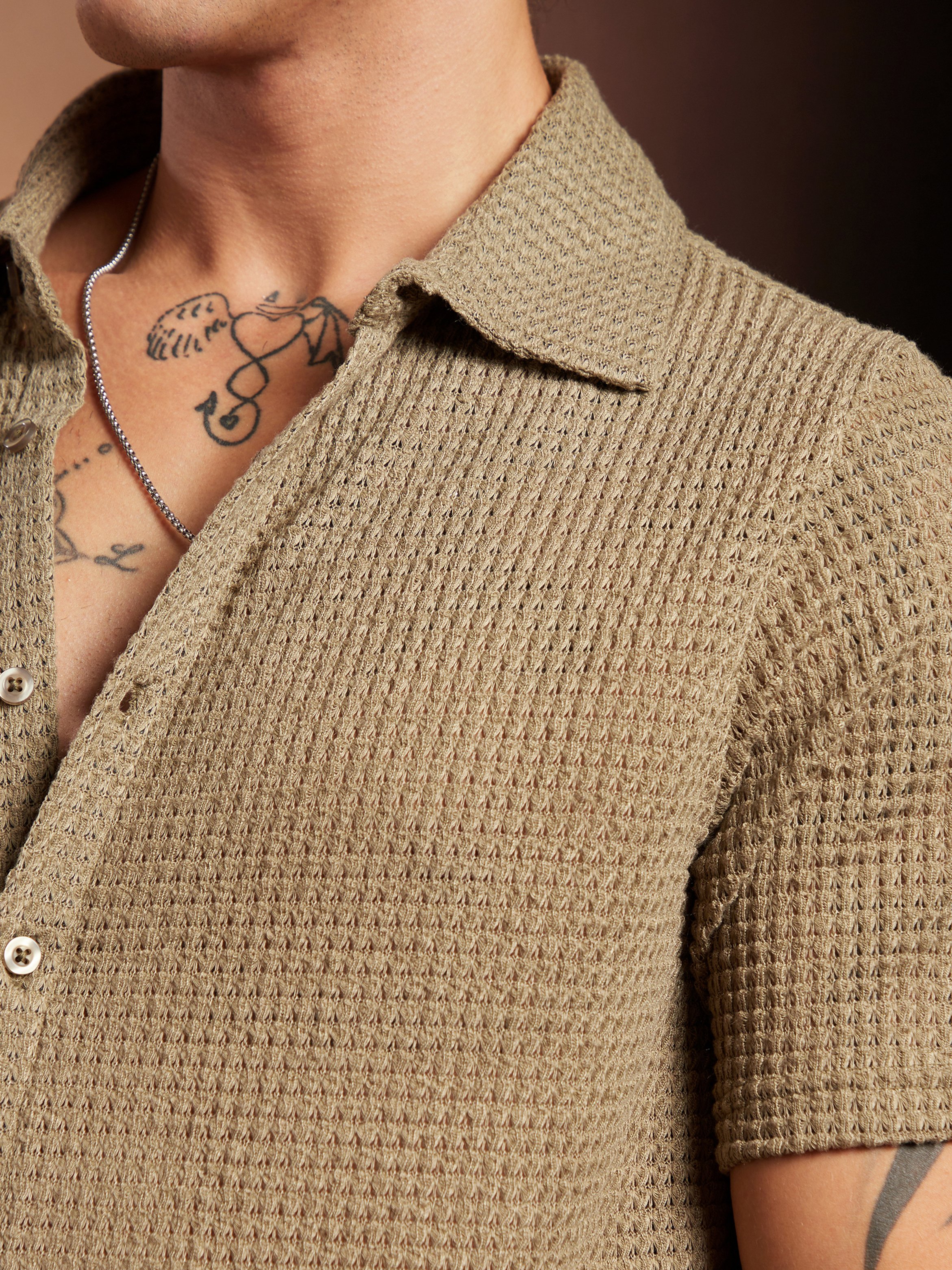 Men Beige Solid-Knit Oversized Shirt