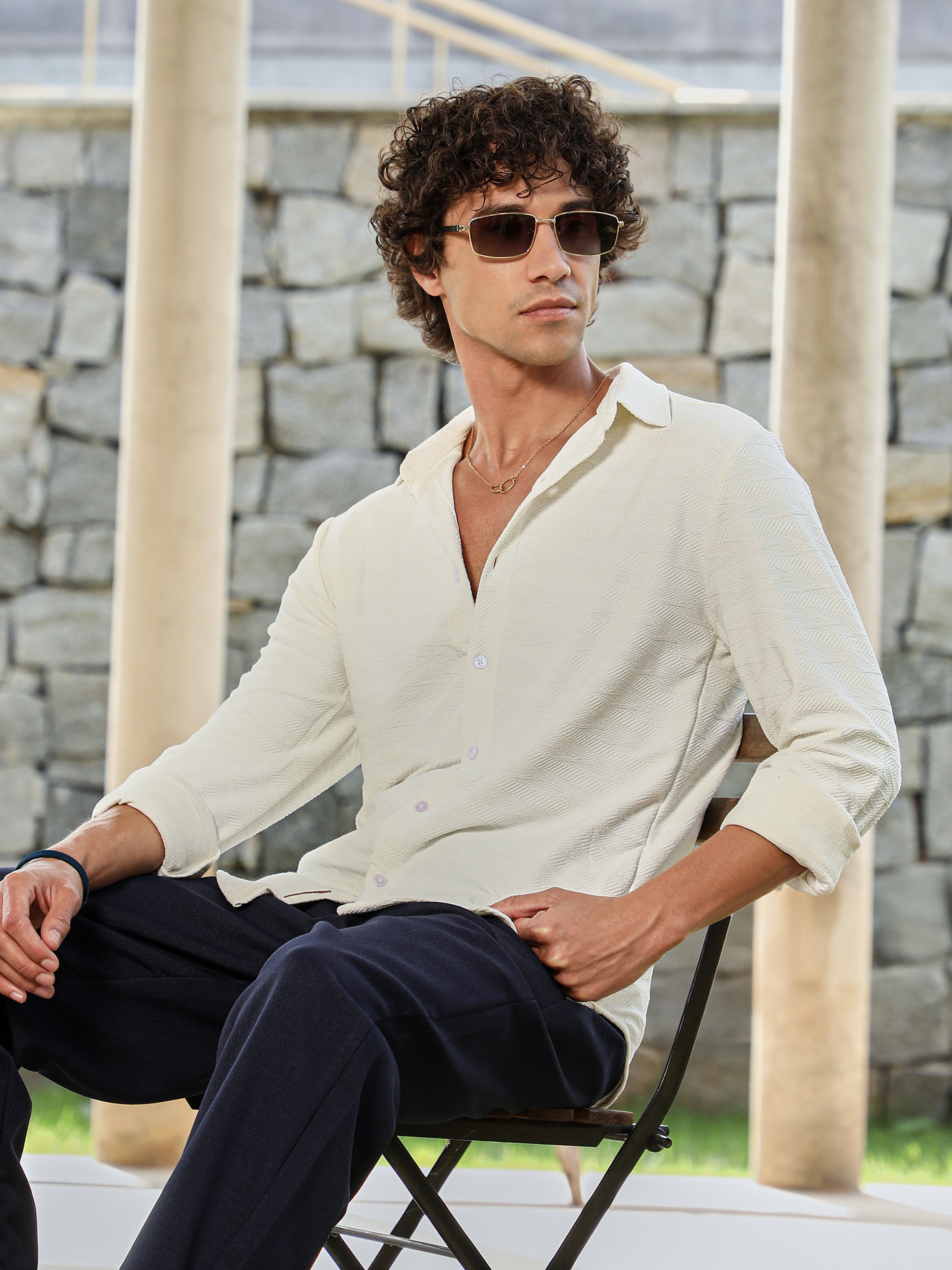 Men White Textured Weave Shirt
