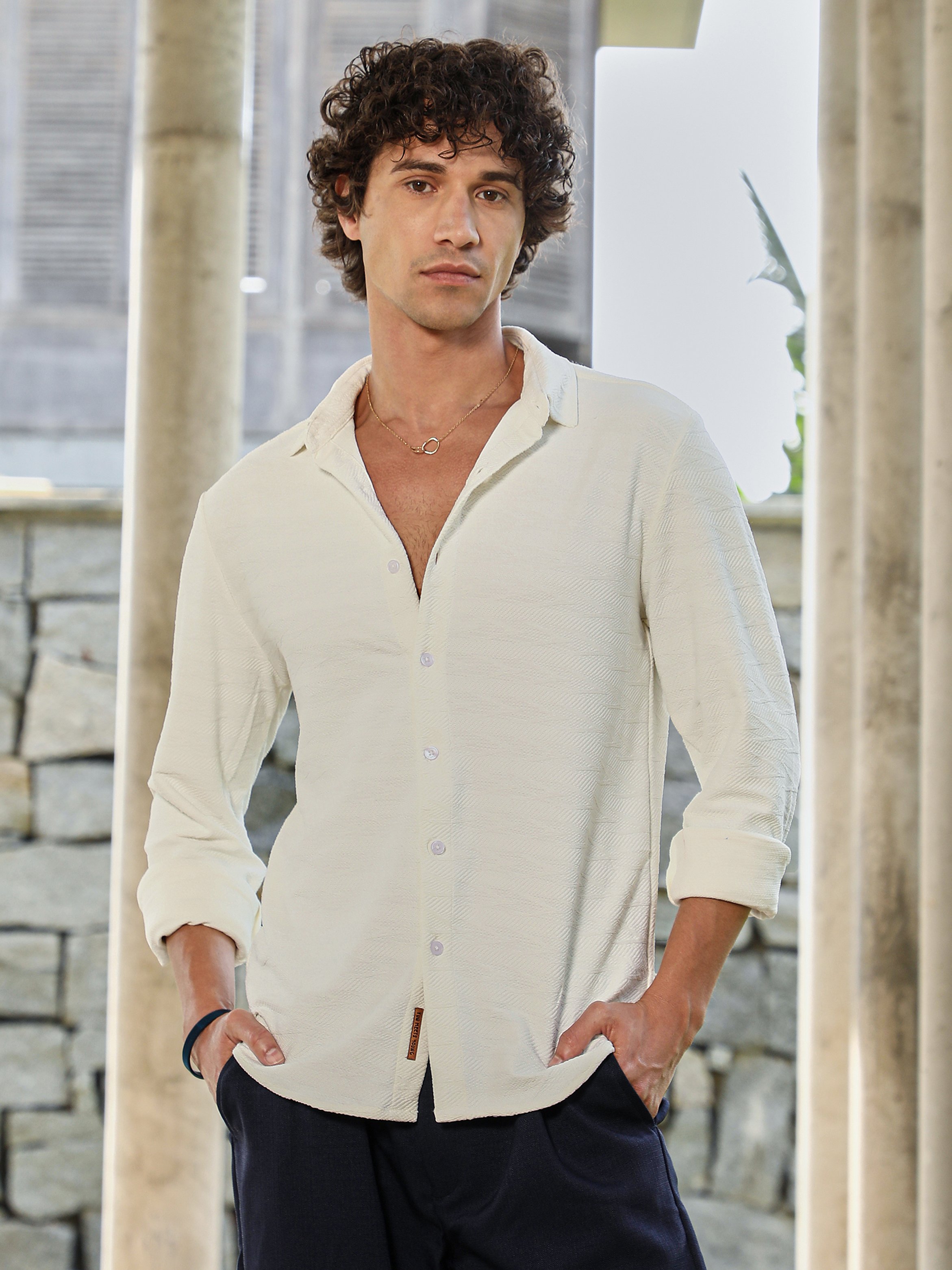 Men White Textured Weave Shirt