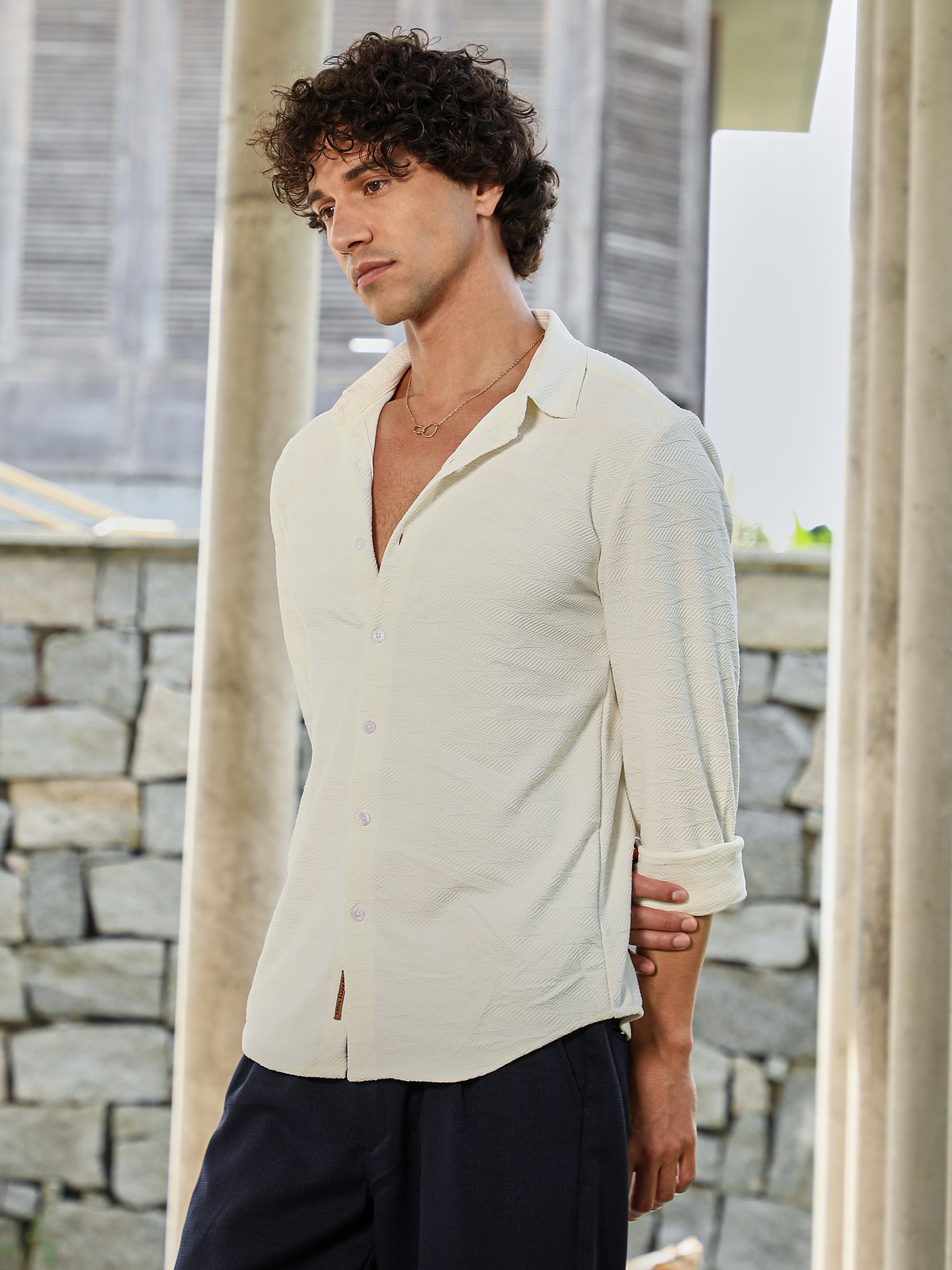 Men White Textured Weave Shirt