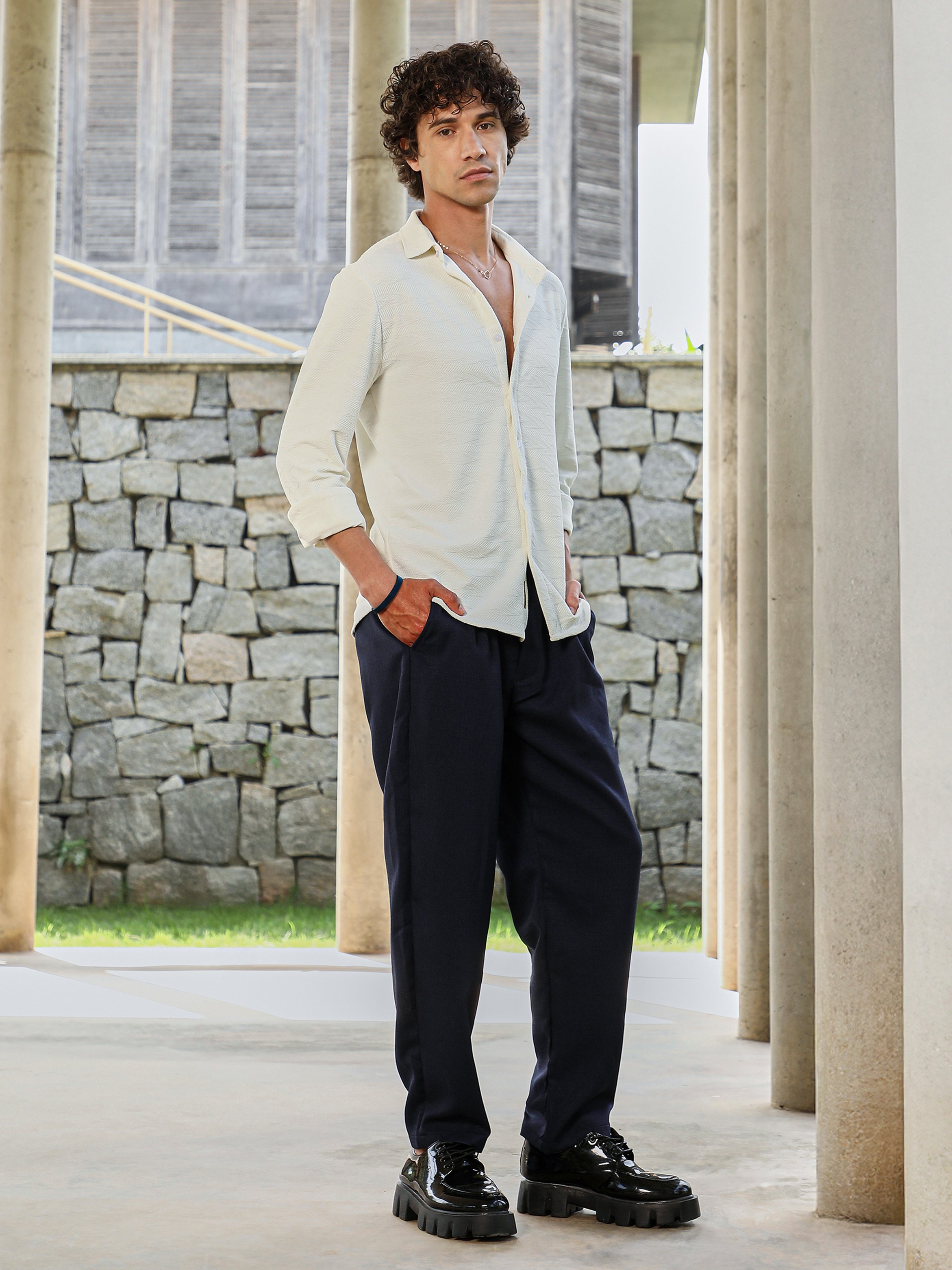 Men White Textured Weave Shirt