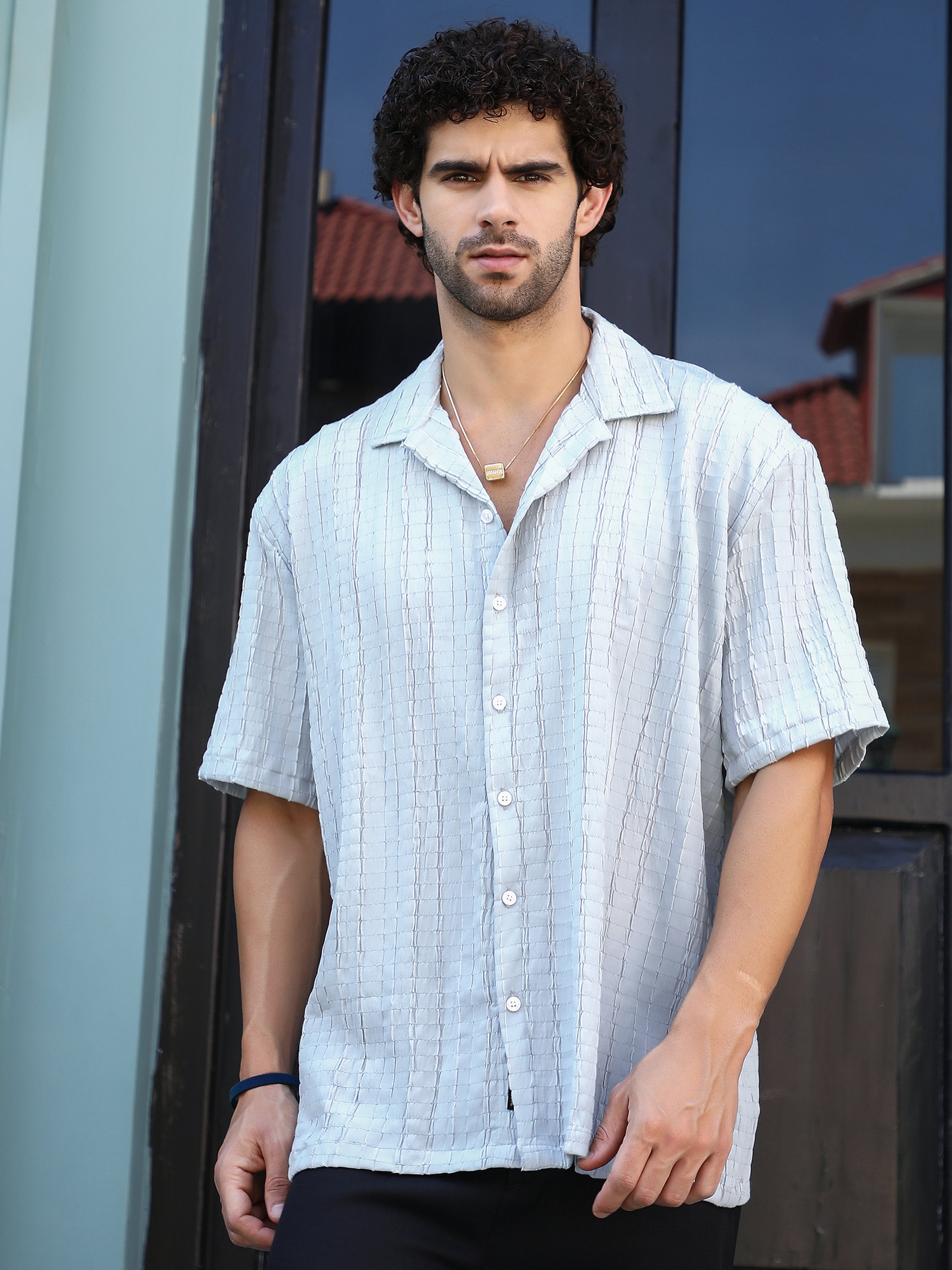 Men Grey Textured Crumble-Revival Oversized Shirt