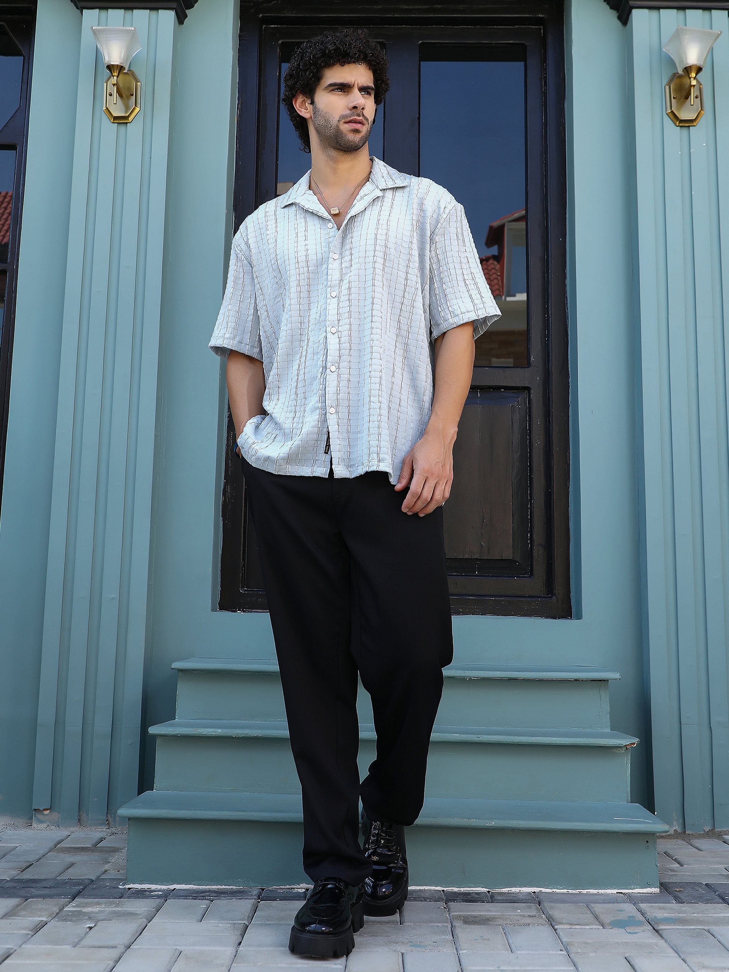 Men Grey Textured Crumble-Revival Oversized Shirt