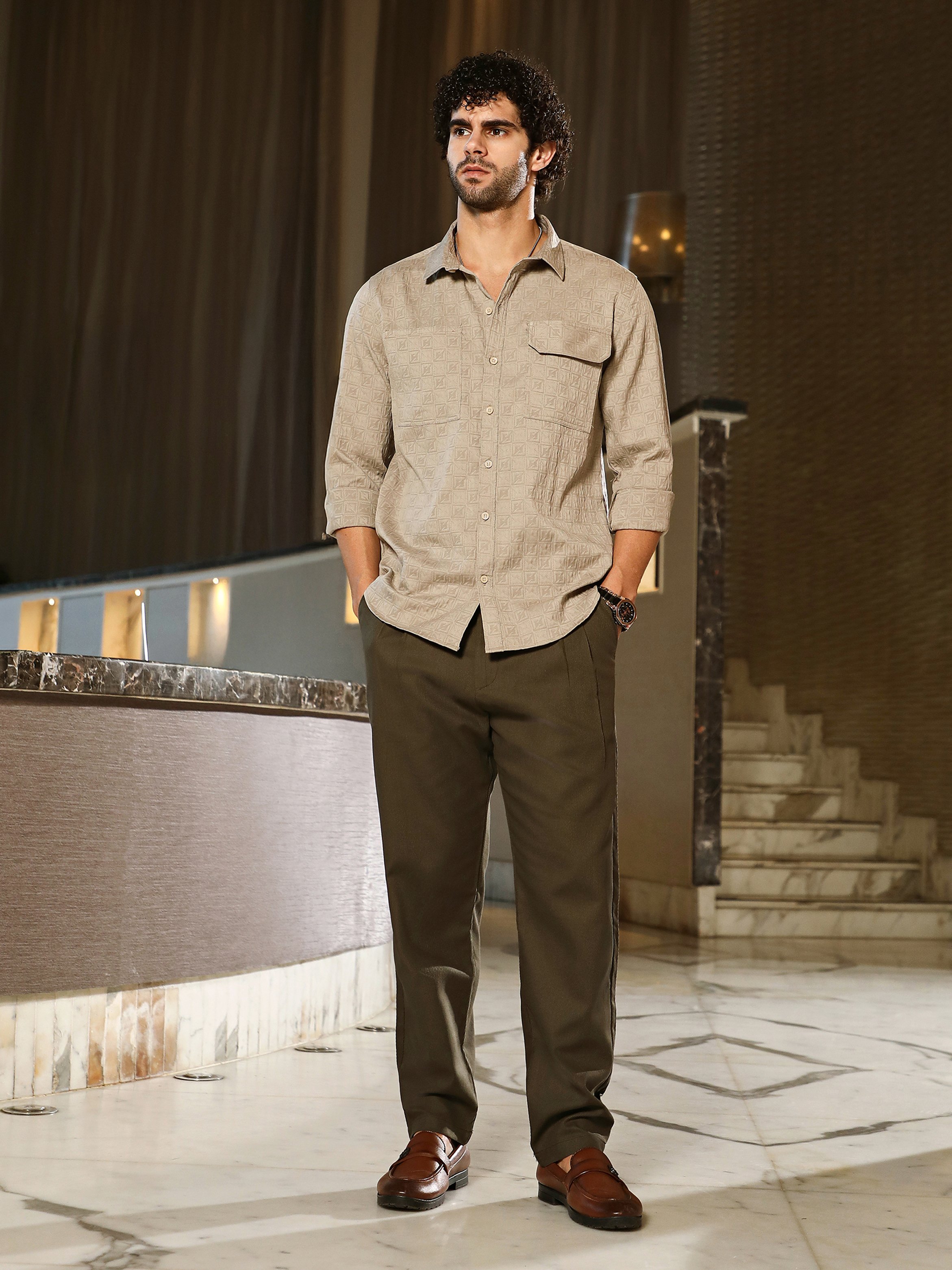 Men Sand Beige Obliqa-Utility Relaxed Shirt