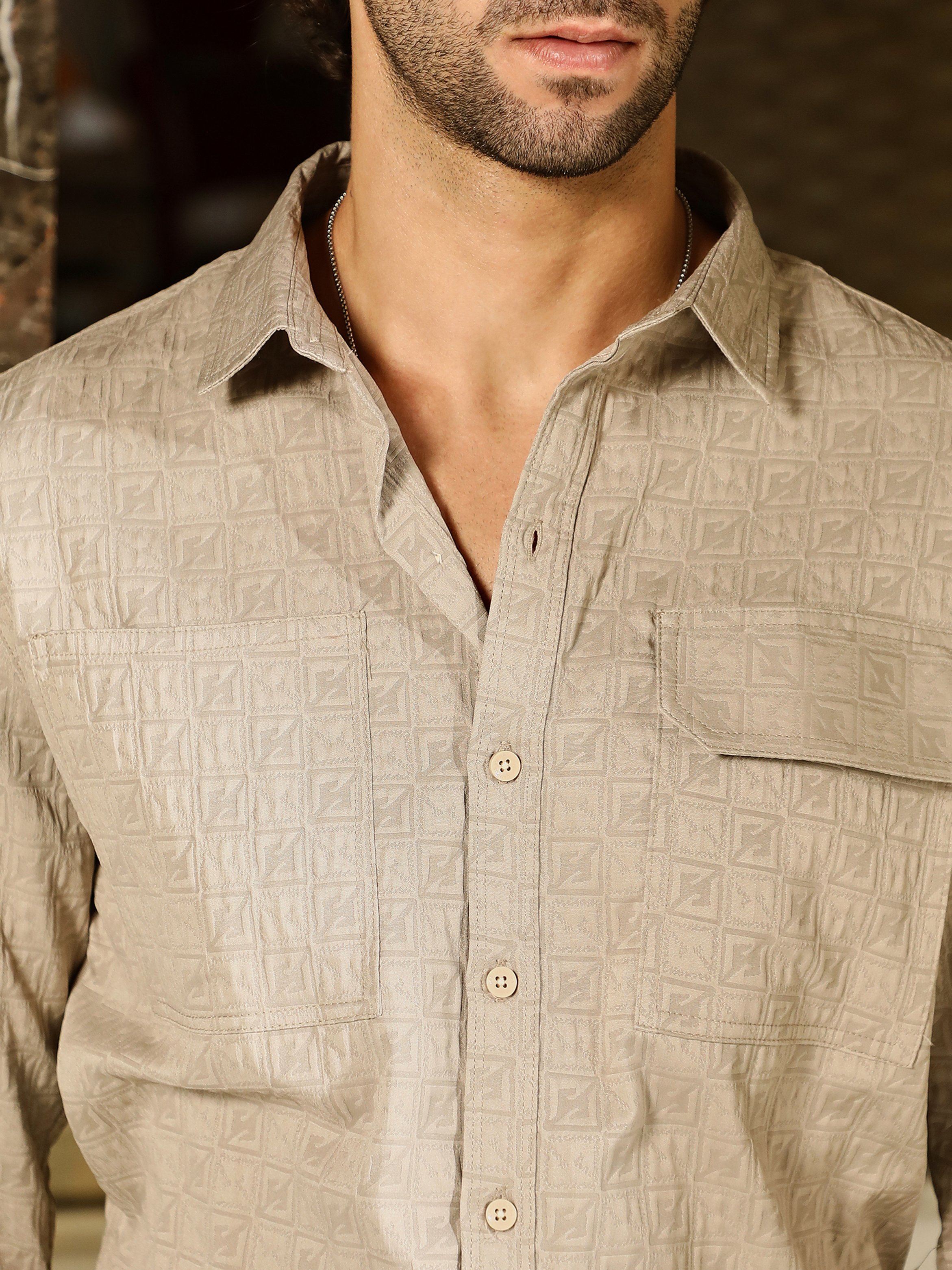 Men Sand Beige Obliqa-Utility Relaxed Shirt