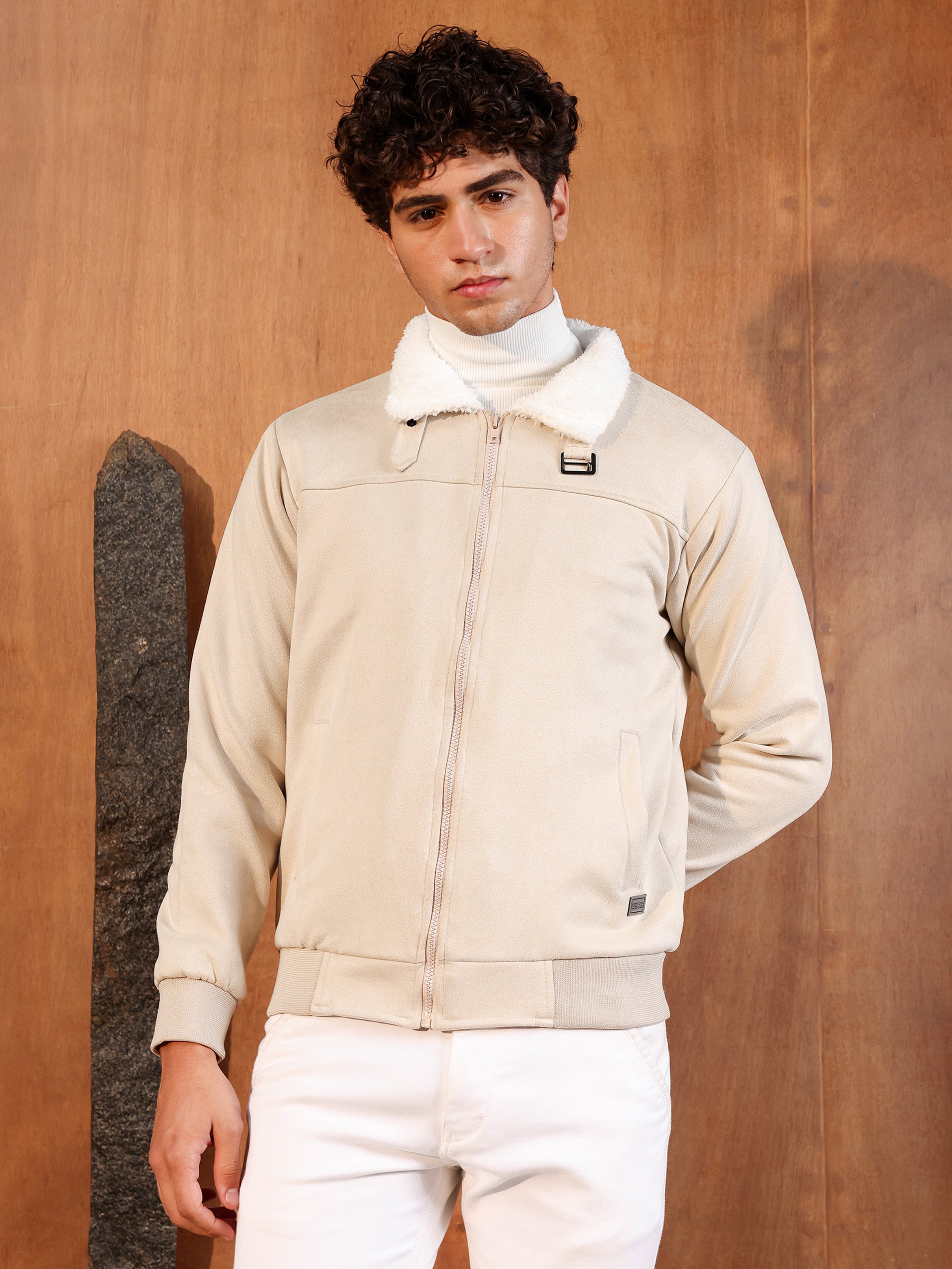 Men Beige Contrast Sherpa-Lined Suede Bomber Jacket
